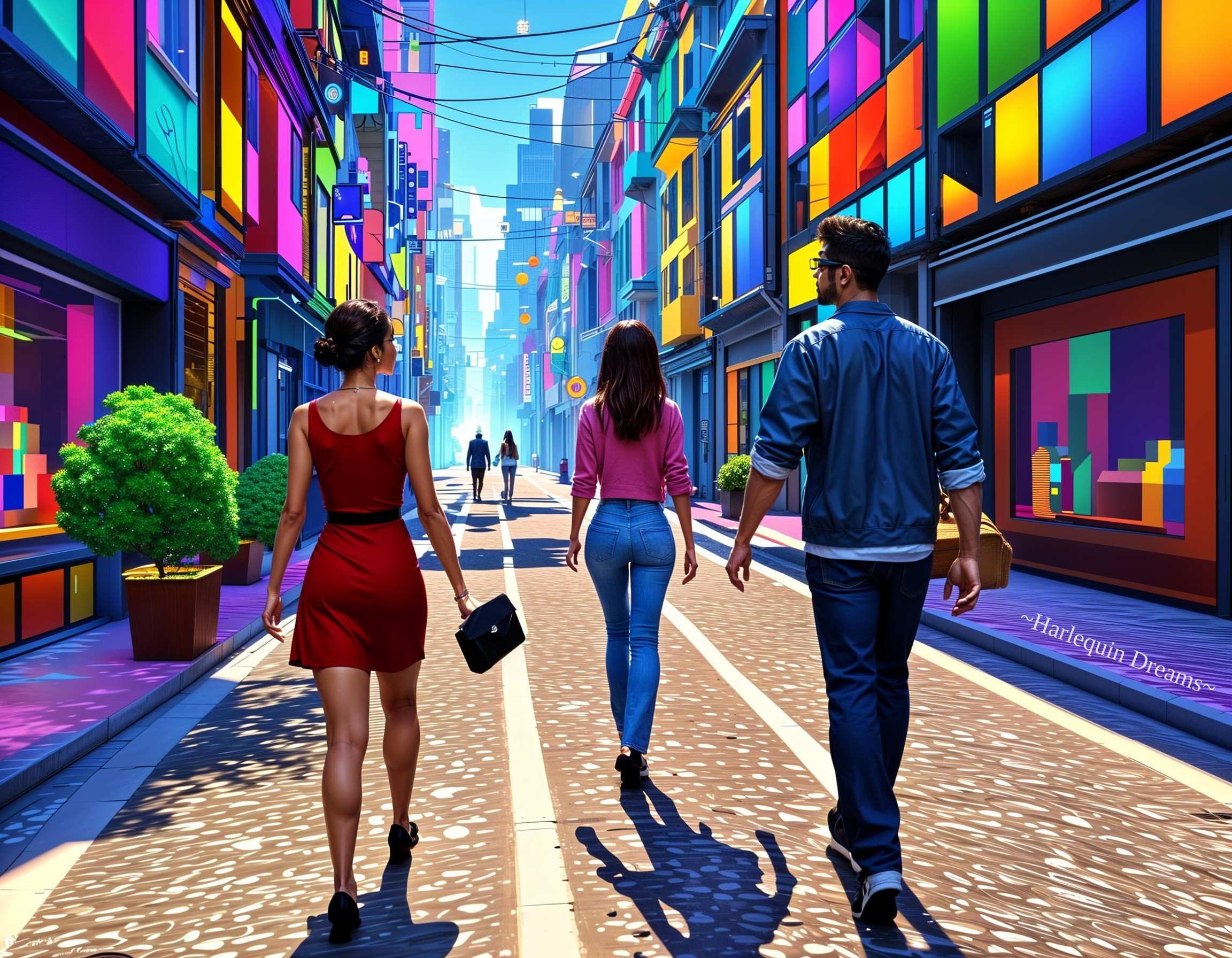 Colorful Urban Scene with Three Strolling Individuals