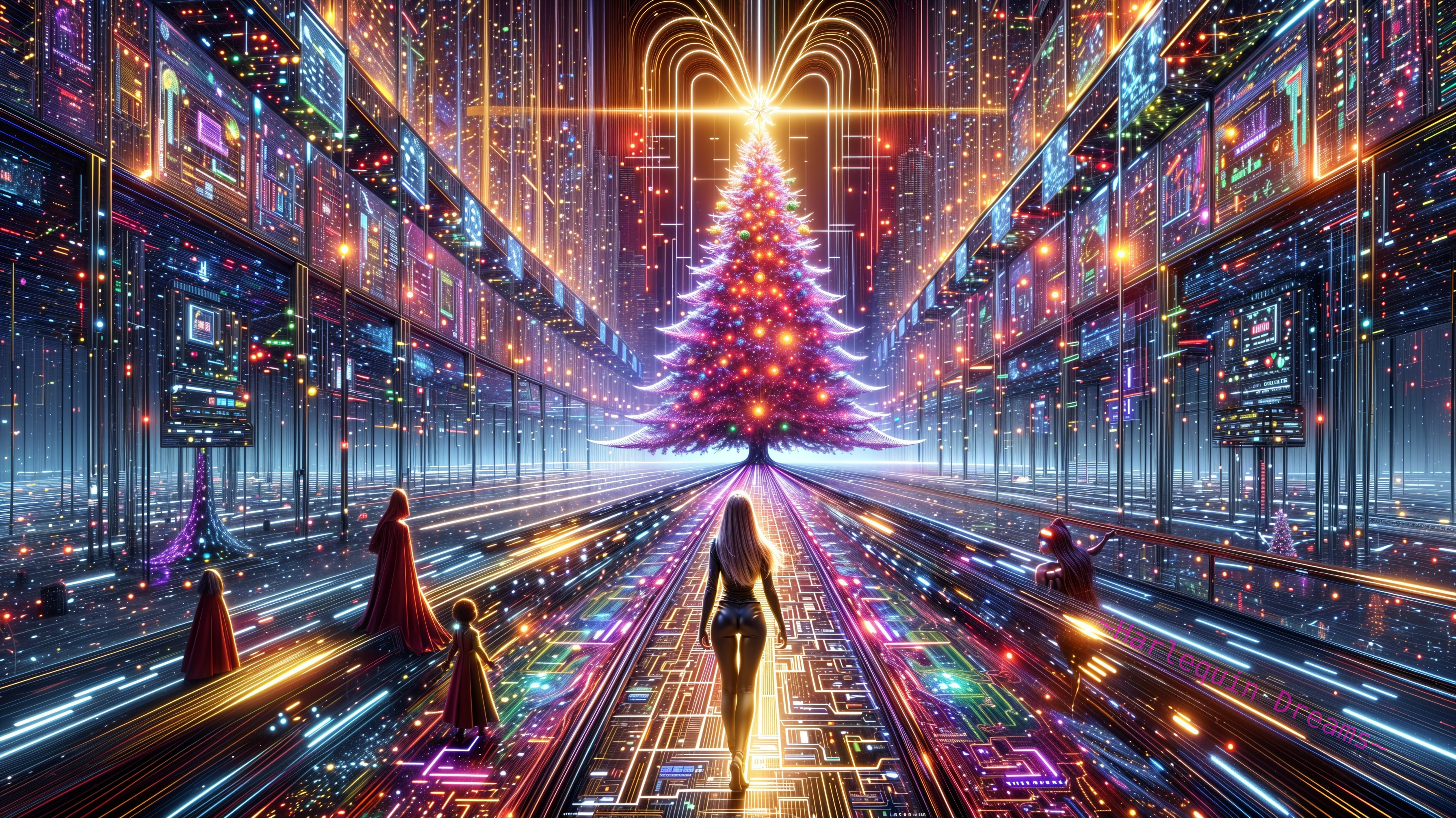 Futuristic landscape with glowing Christmas tree and lights