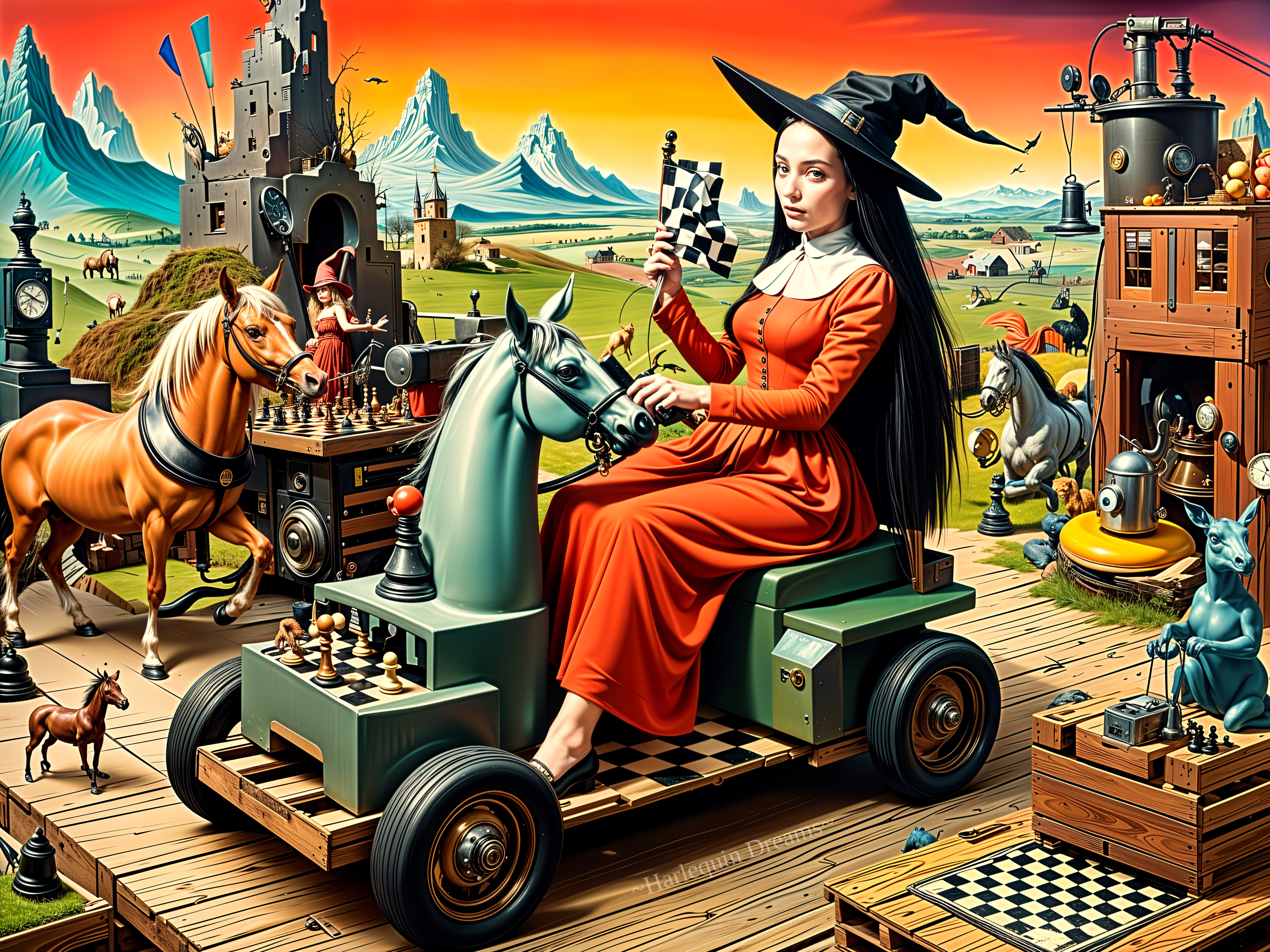 Witch in Red Dress on Chess Piece Toy Car Scene