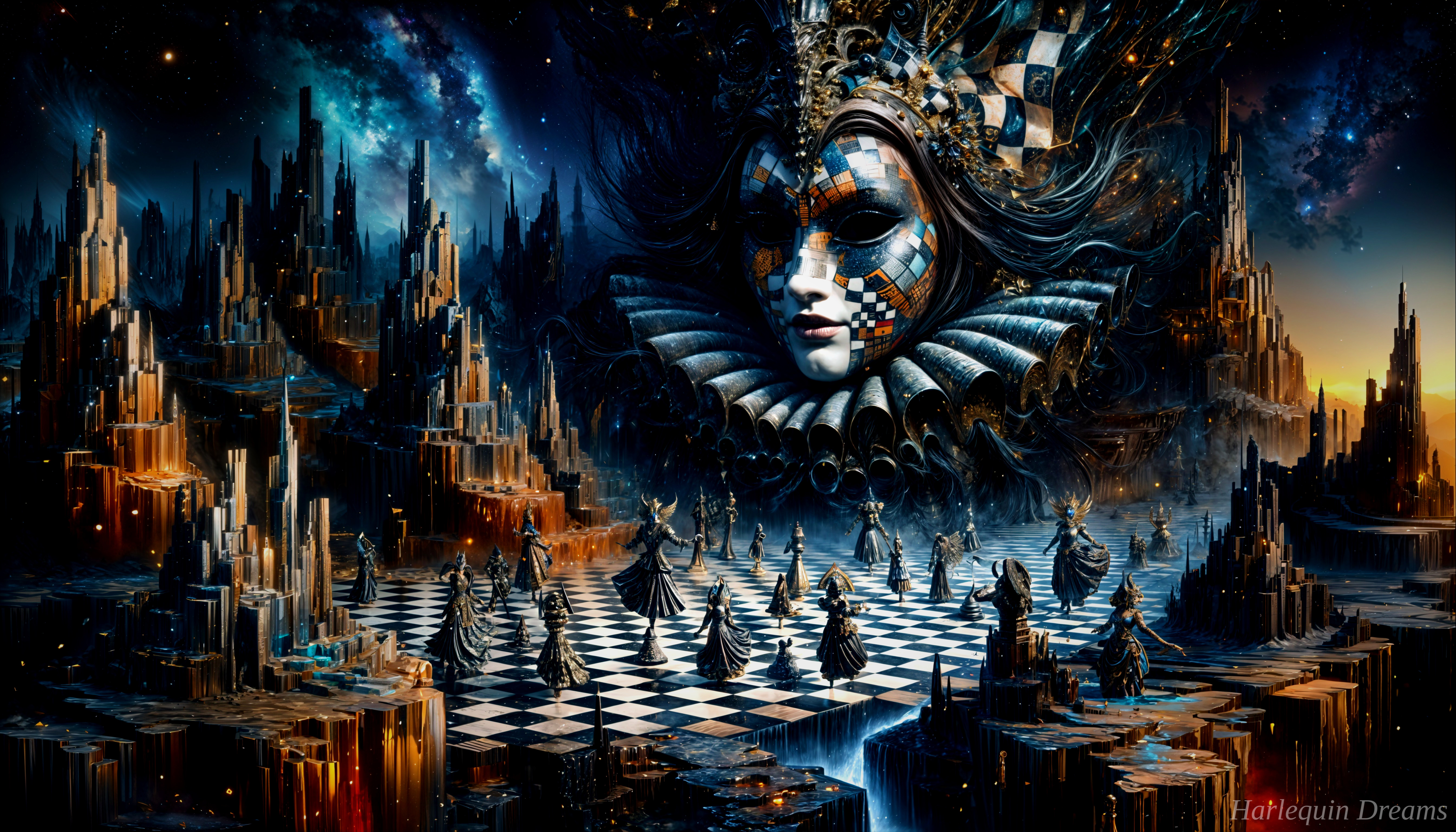 Surreal Landscape with Cosmic Colors and Chessboard