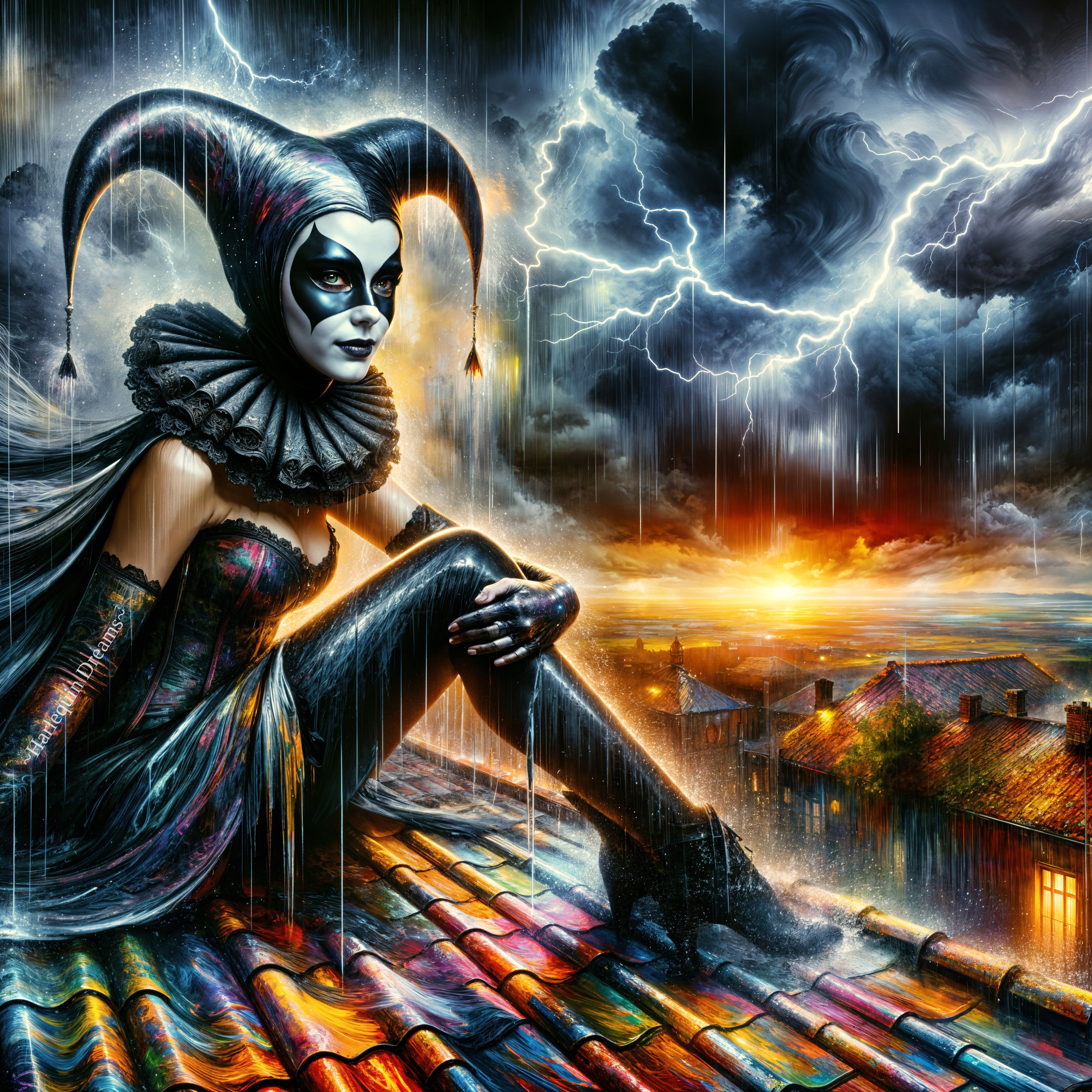 Jester on Colorful Rooftop Amid Stormy Landscape