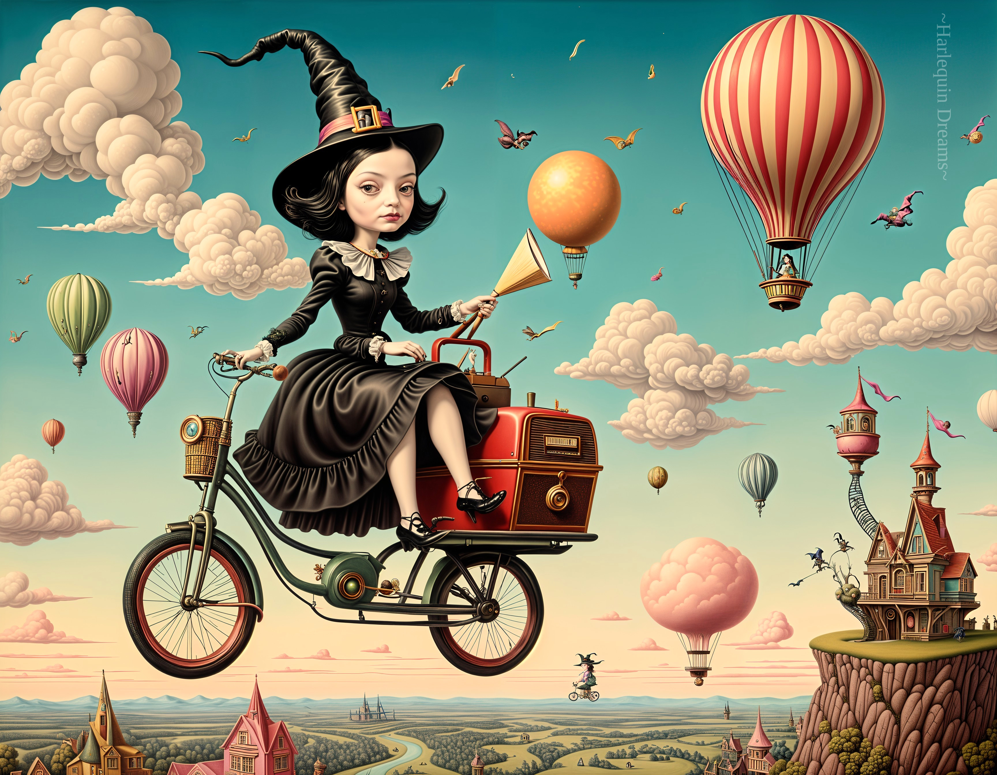 Whimsical Witch on Bicycle in Colorful Landscape