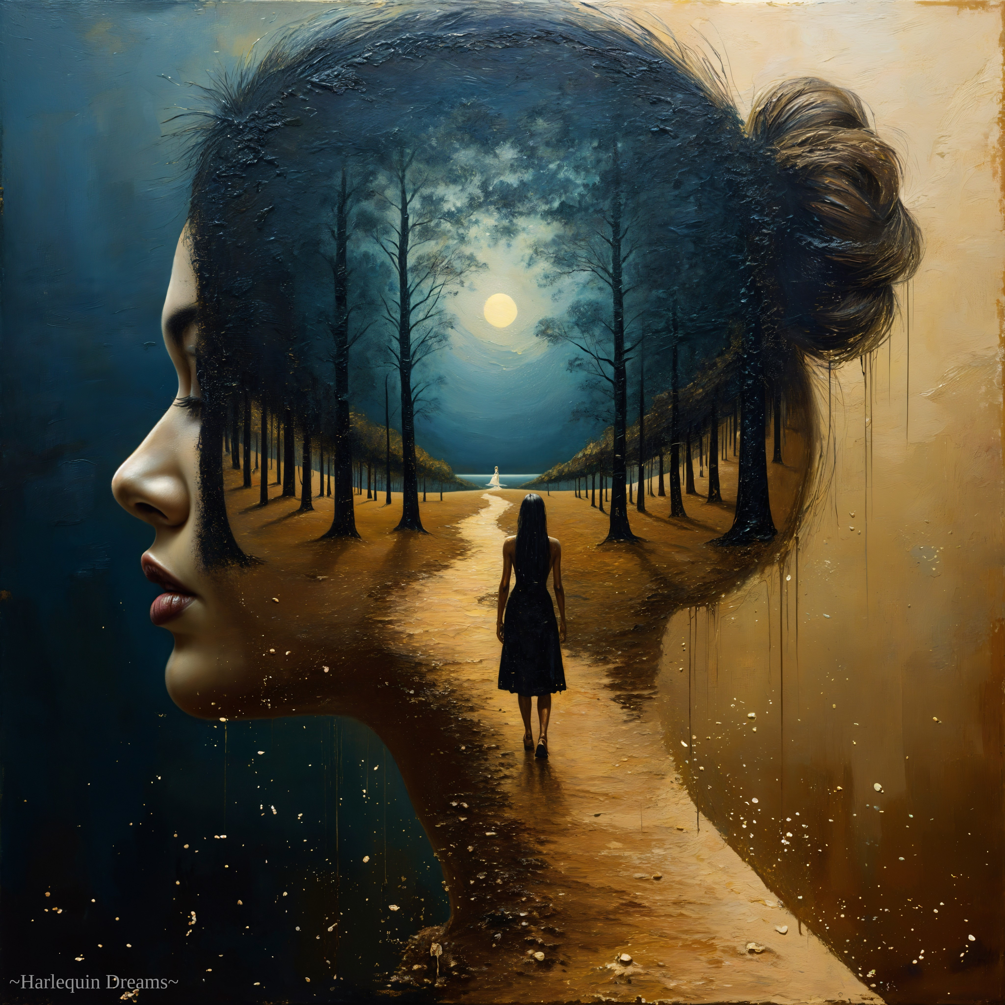 Profile of a Woman in a Surreal Landscape Scene