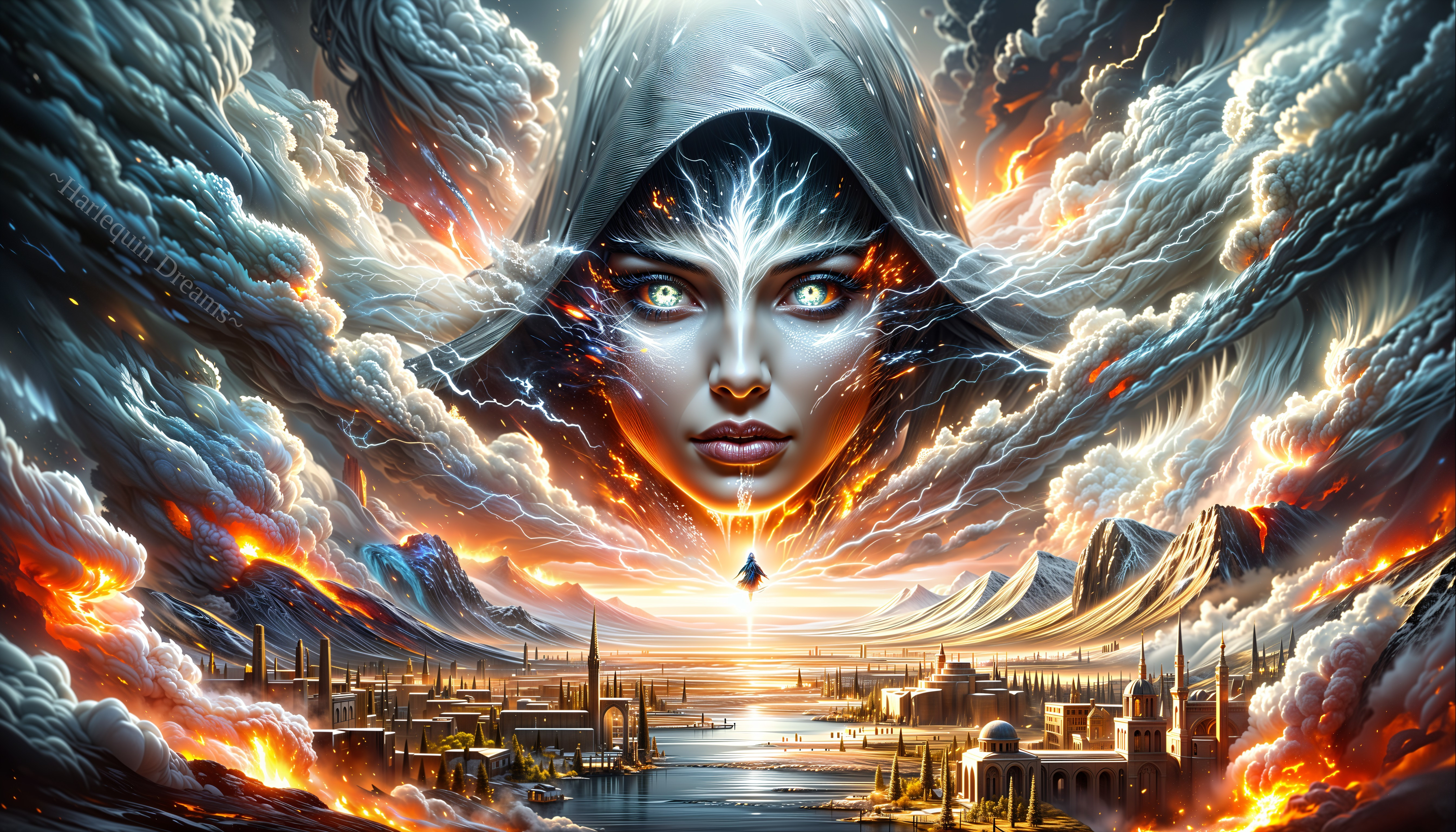 Fantasy Scene with Enigmatic Face and Stormy Skies