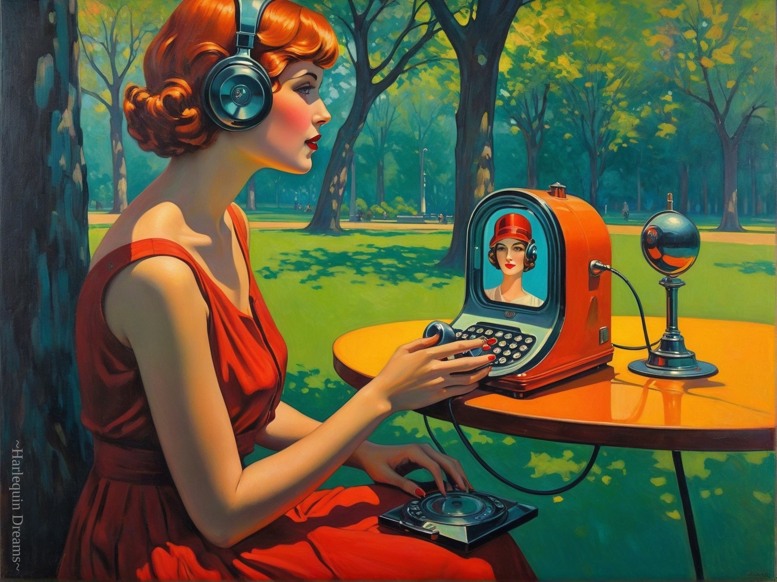 Woman in Red Dress with Antique Device Outdoors