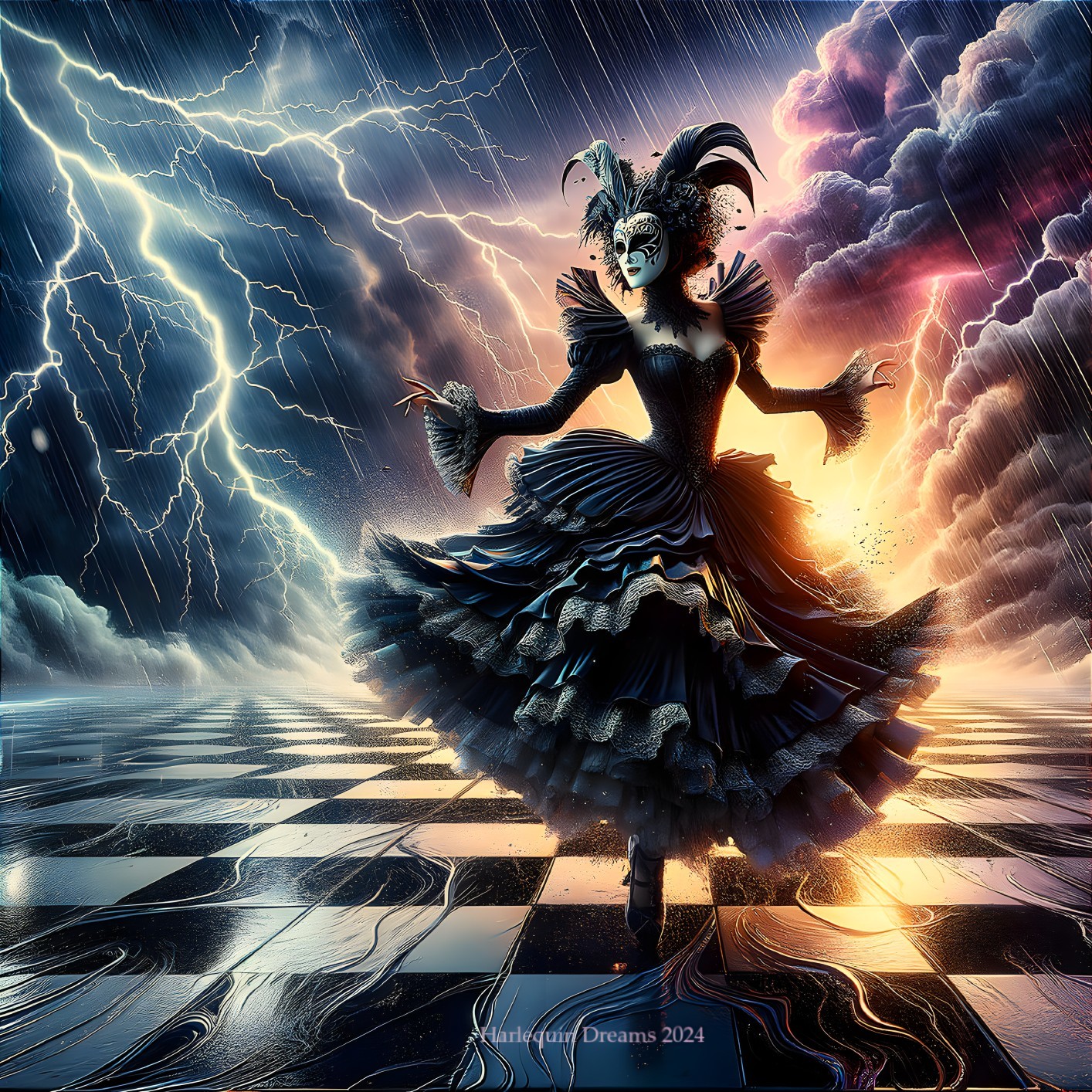 Dancer in Black and Blue Gown on Chessboard Stage