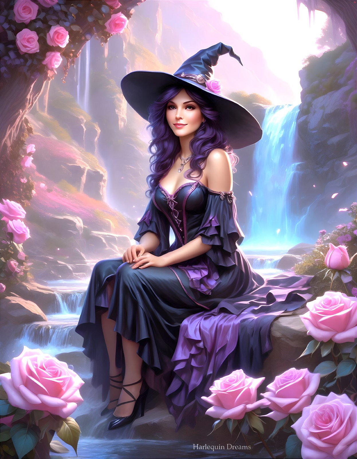 Mystical Woman by Waterfall in Enchanted Woods