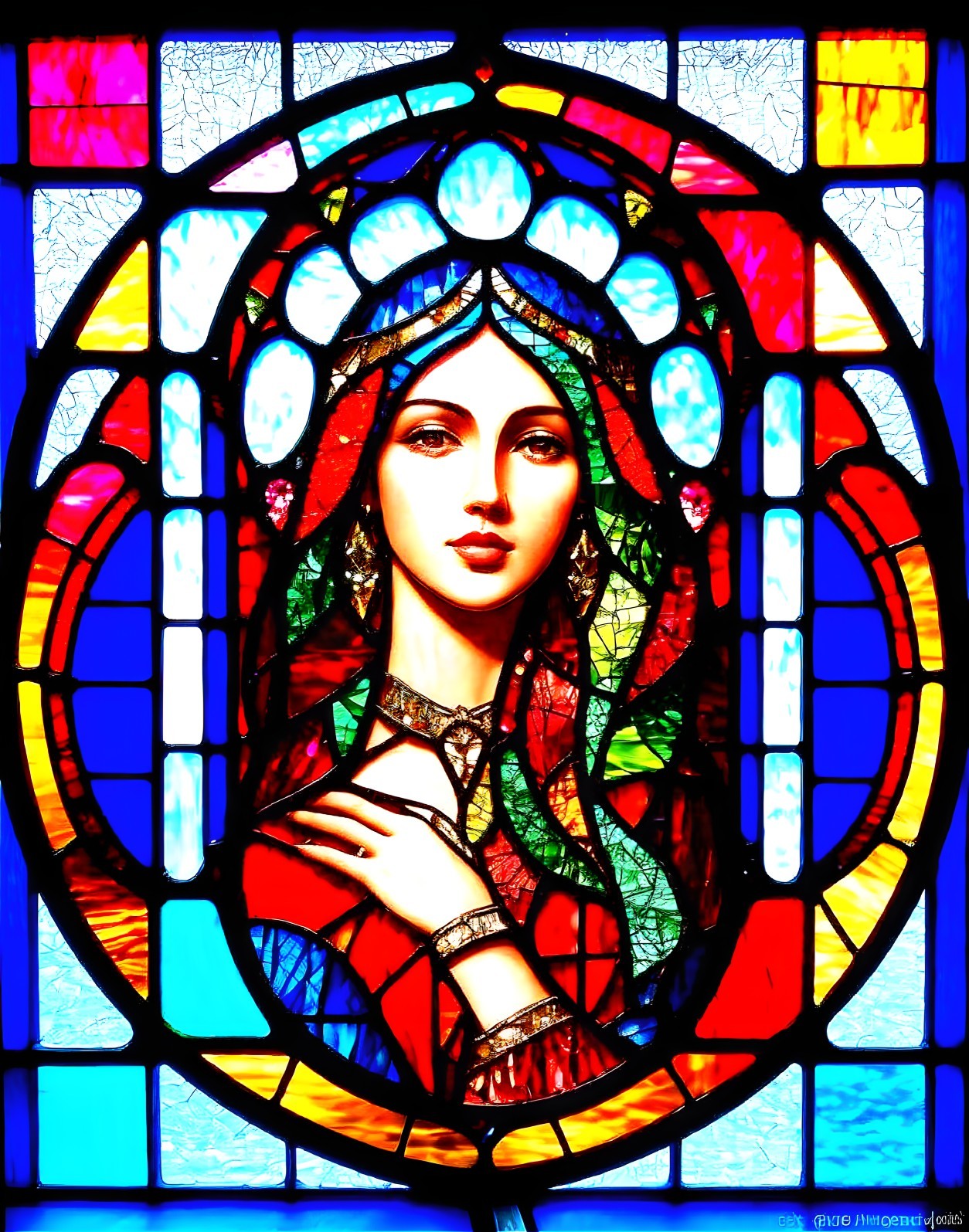 Vibrant Stained Glass Window of a Woman's Portrait