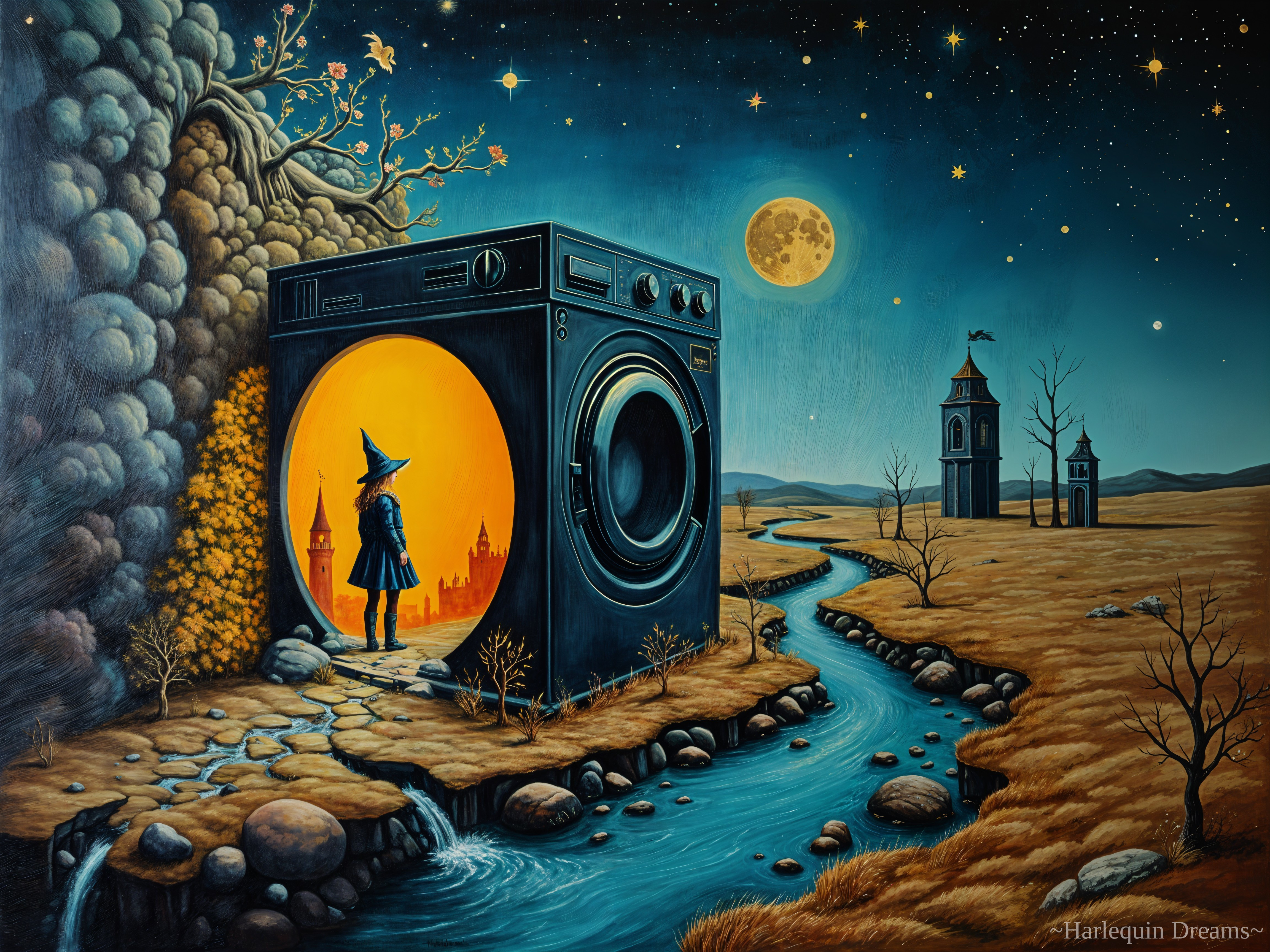 Whimsical Landscape Framed by a Washing Machine