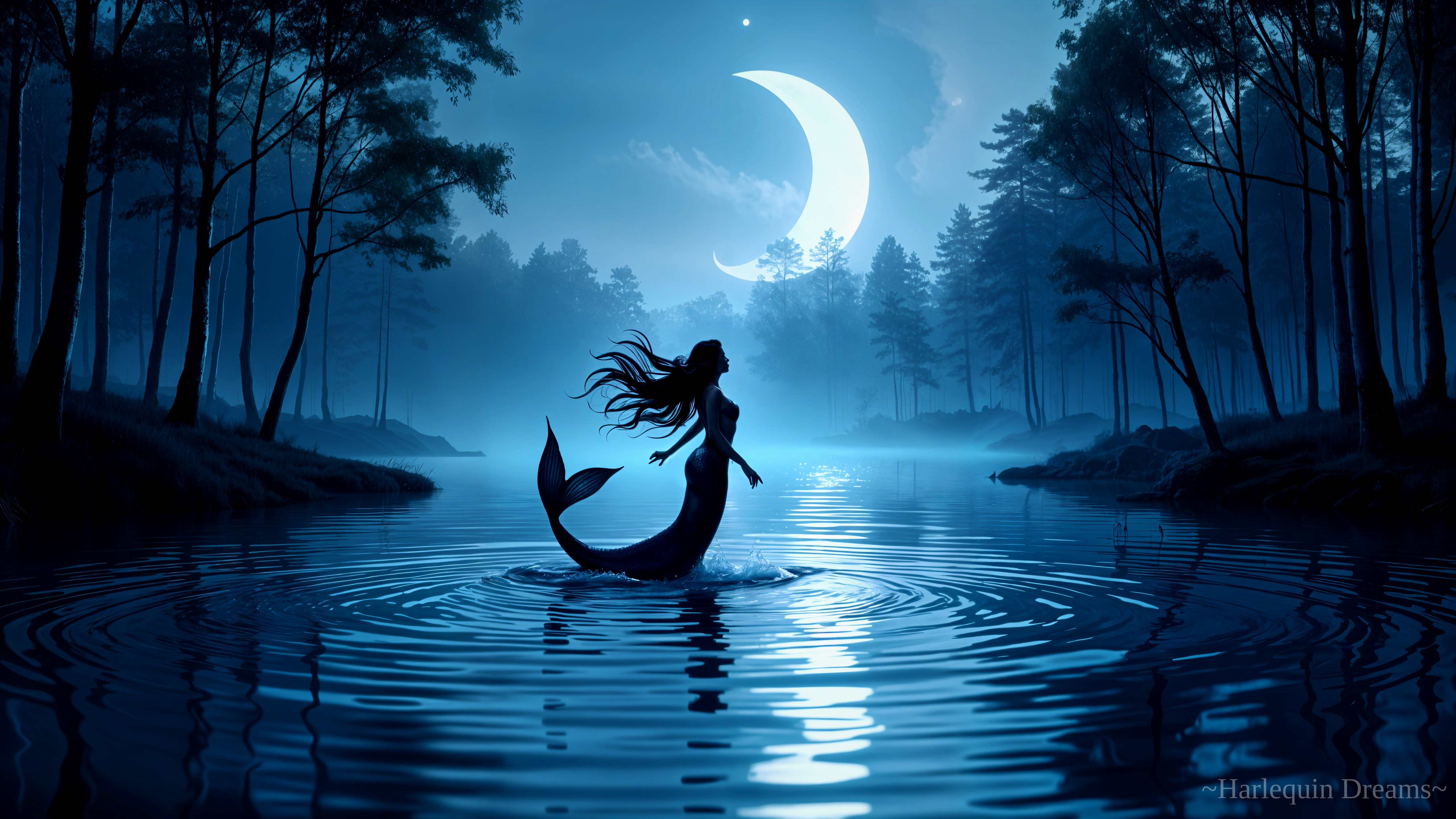 Moonlit Mermaid in Serene Waters with Trees and Clouds