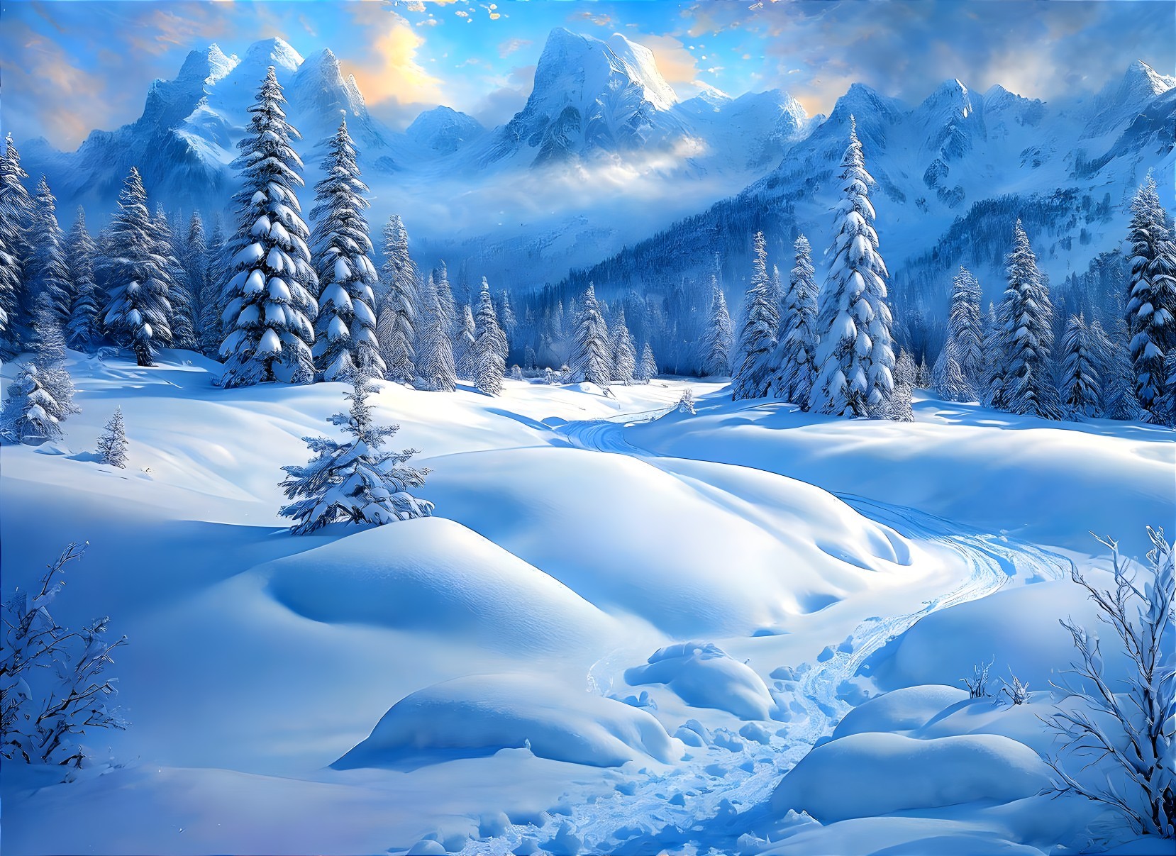 Snow-covered trees, pathway, mountains, and blue sky in serene winter scene