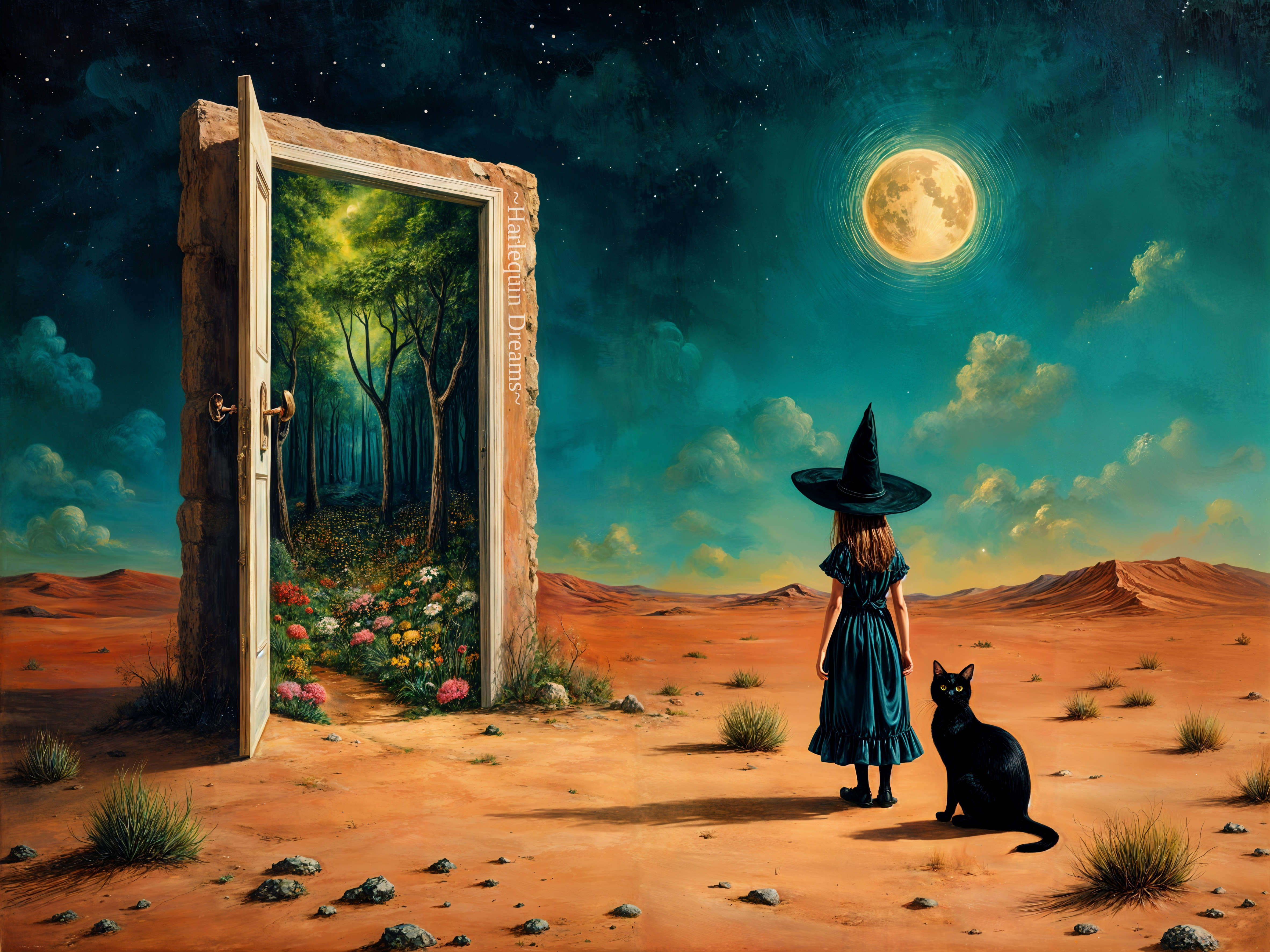 Young girl in blue dress and witch's hat in landscape