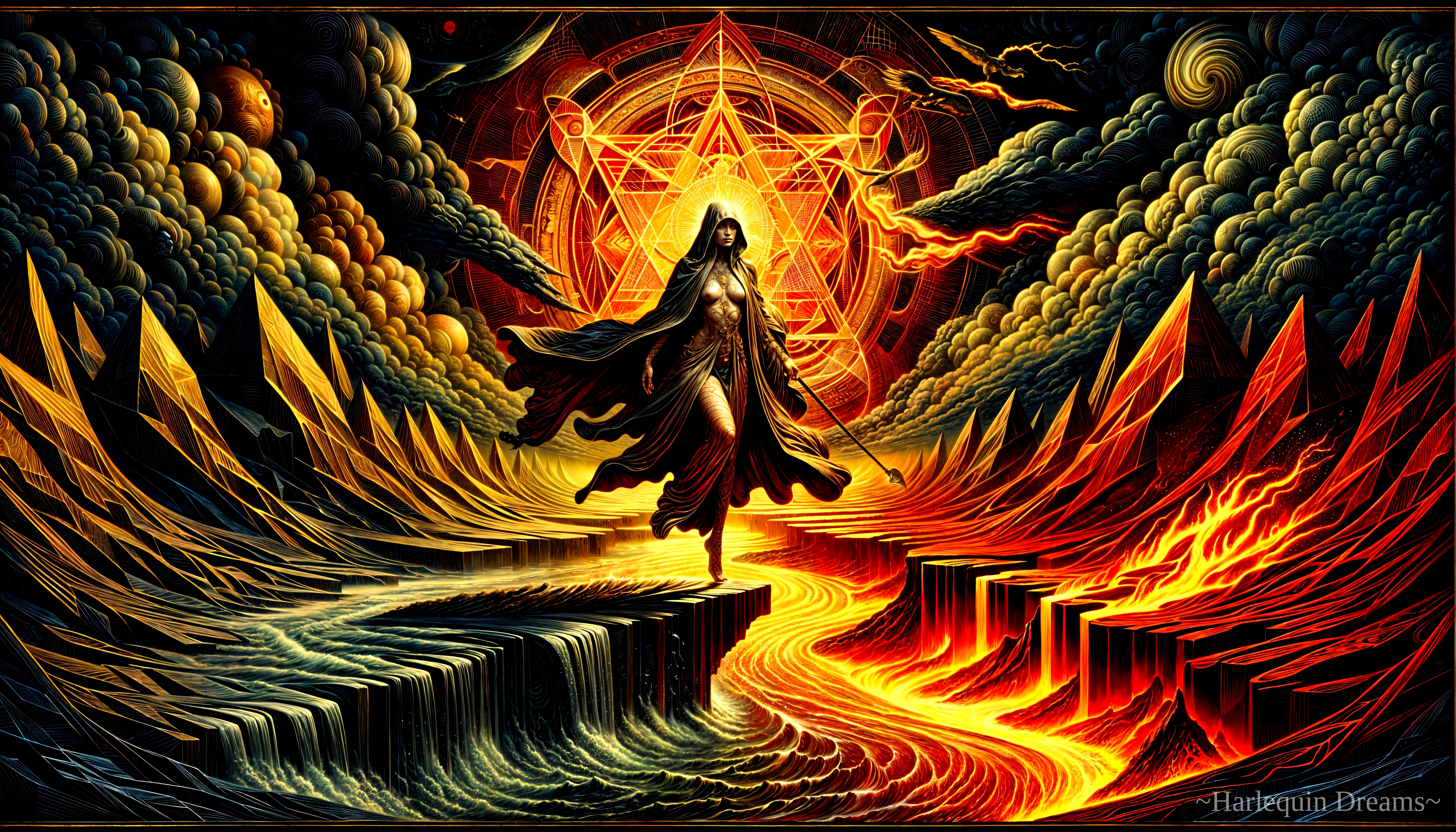 Surreal Landscape with Fiery Lava and Mystical Figure