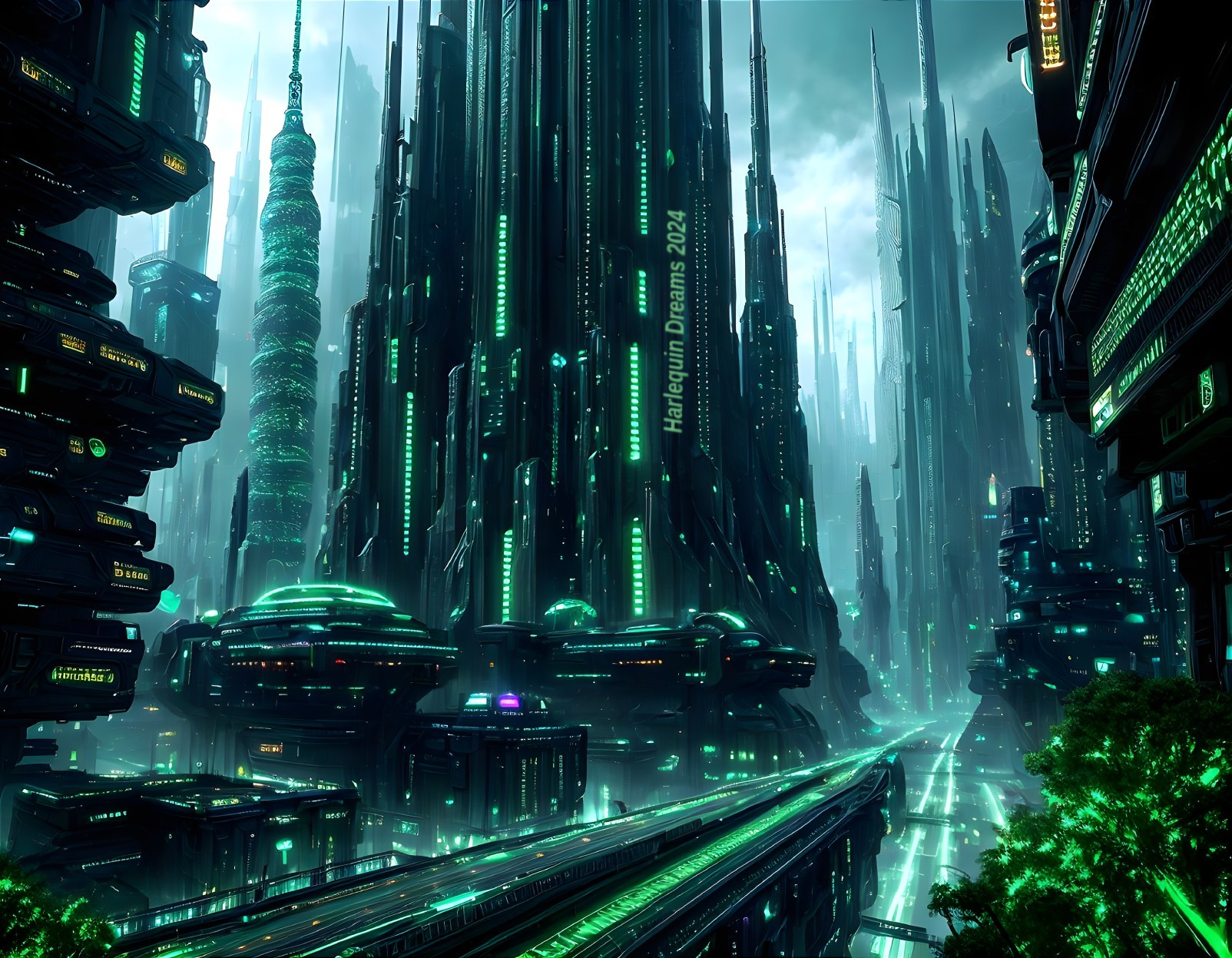 Futuristic cityscape with neon lights and greenery