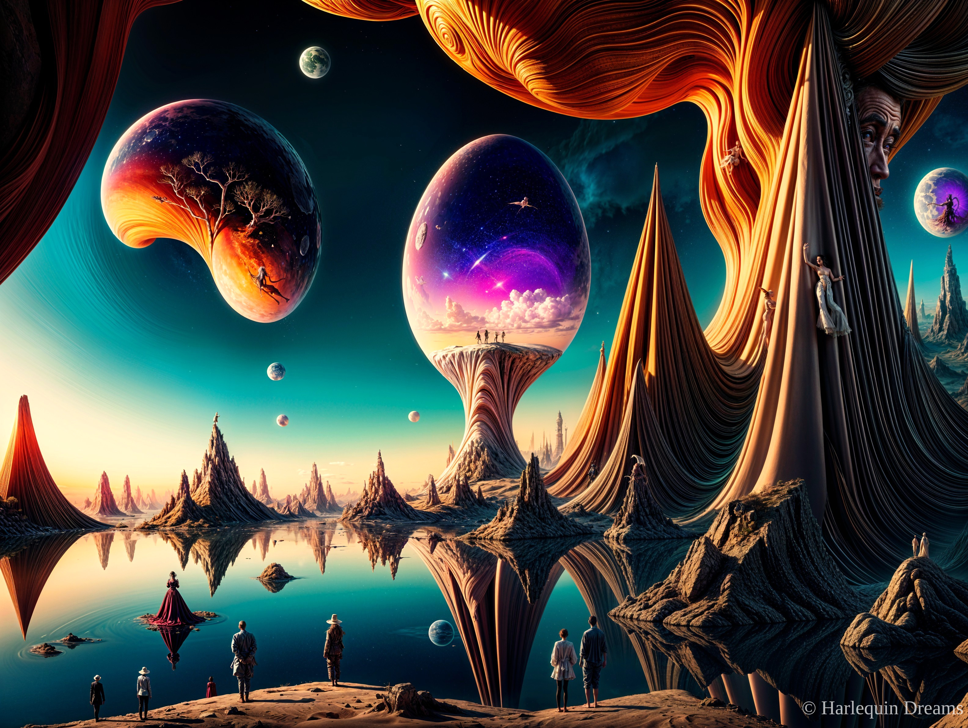 Surreal landscape with cosmic orb and vibrant sky