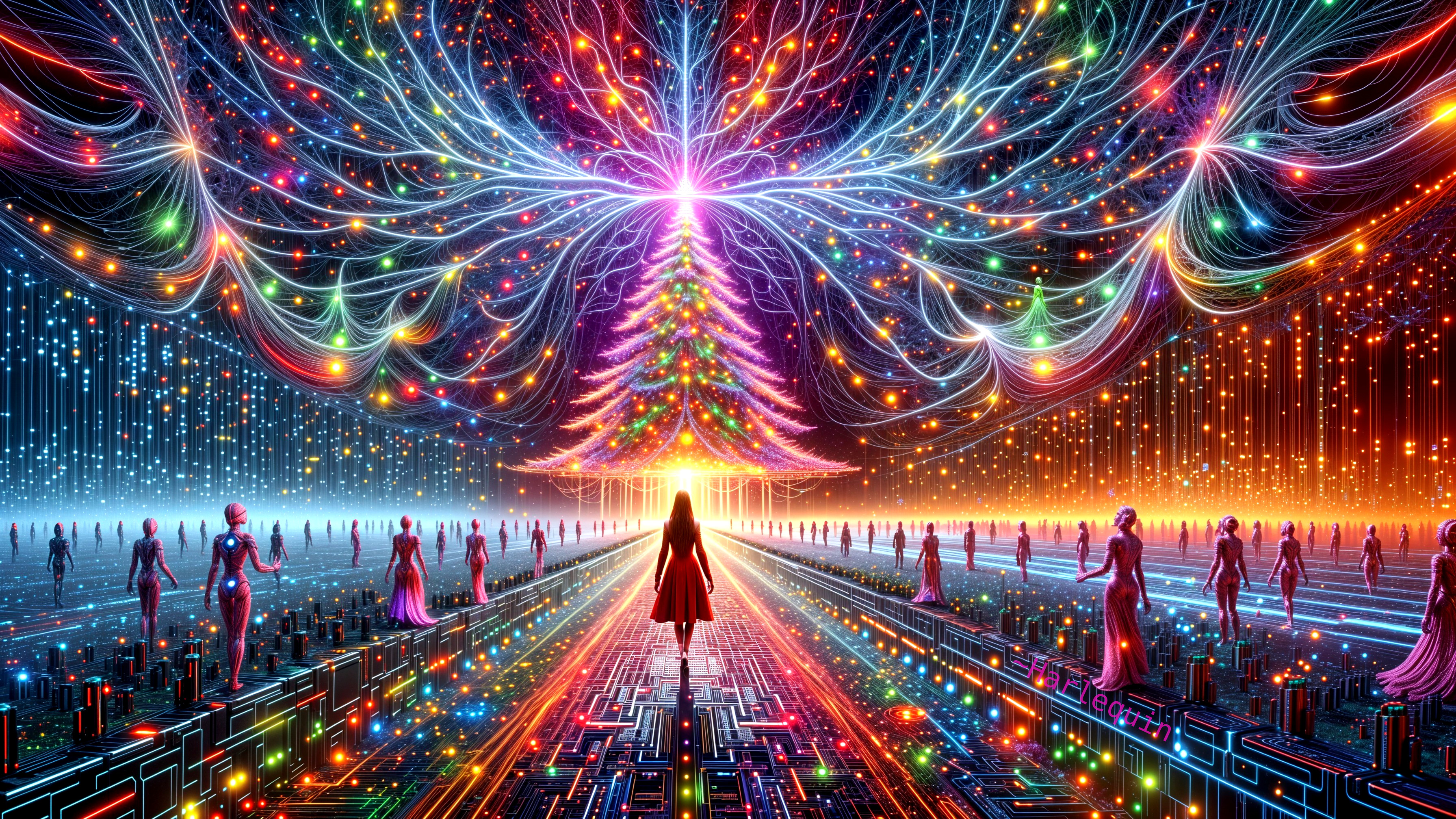 Futuristic scene with glowing tree and digital patterns