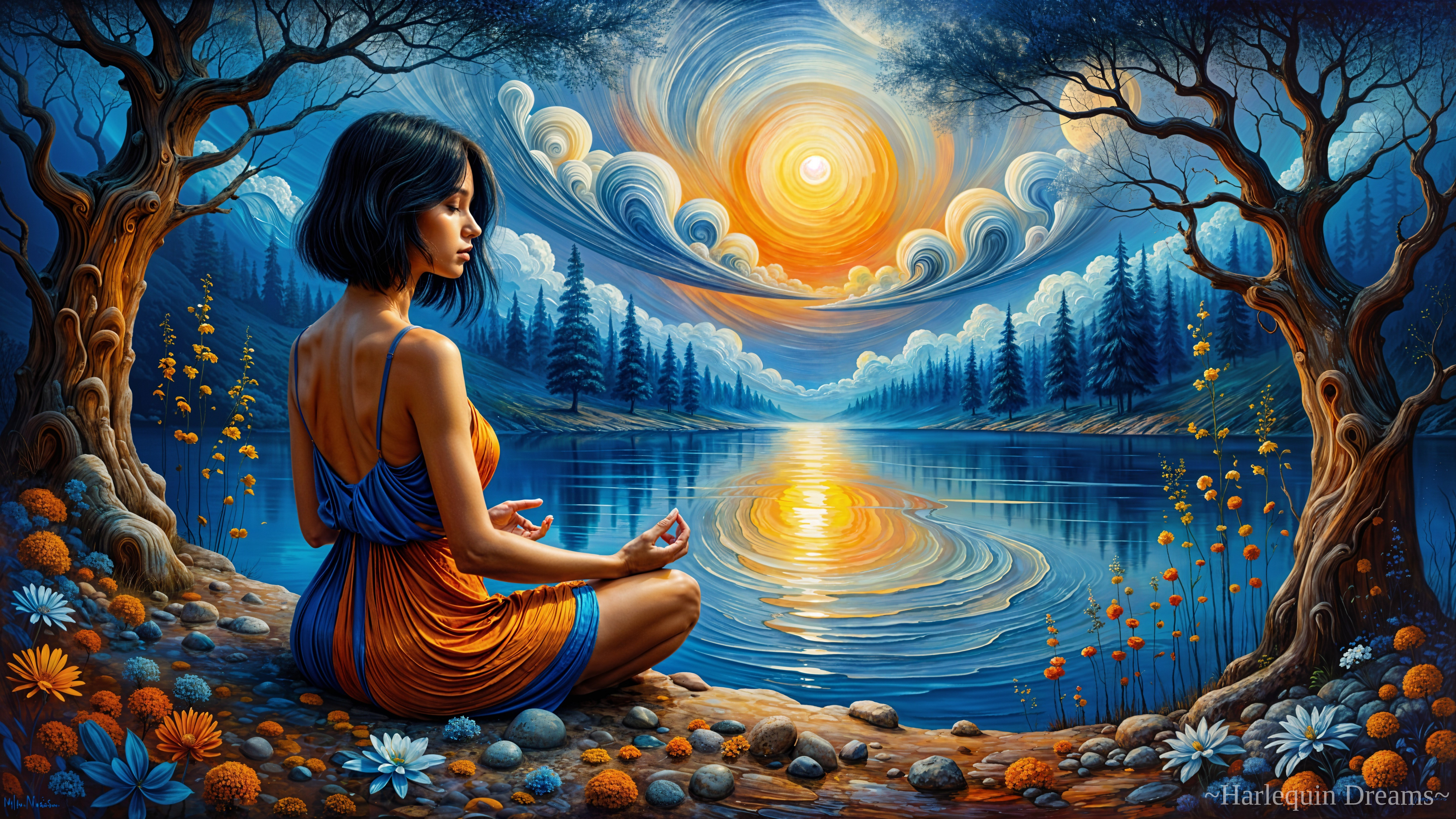 Tranquil Woman Meditating by a Shimmering Lake