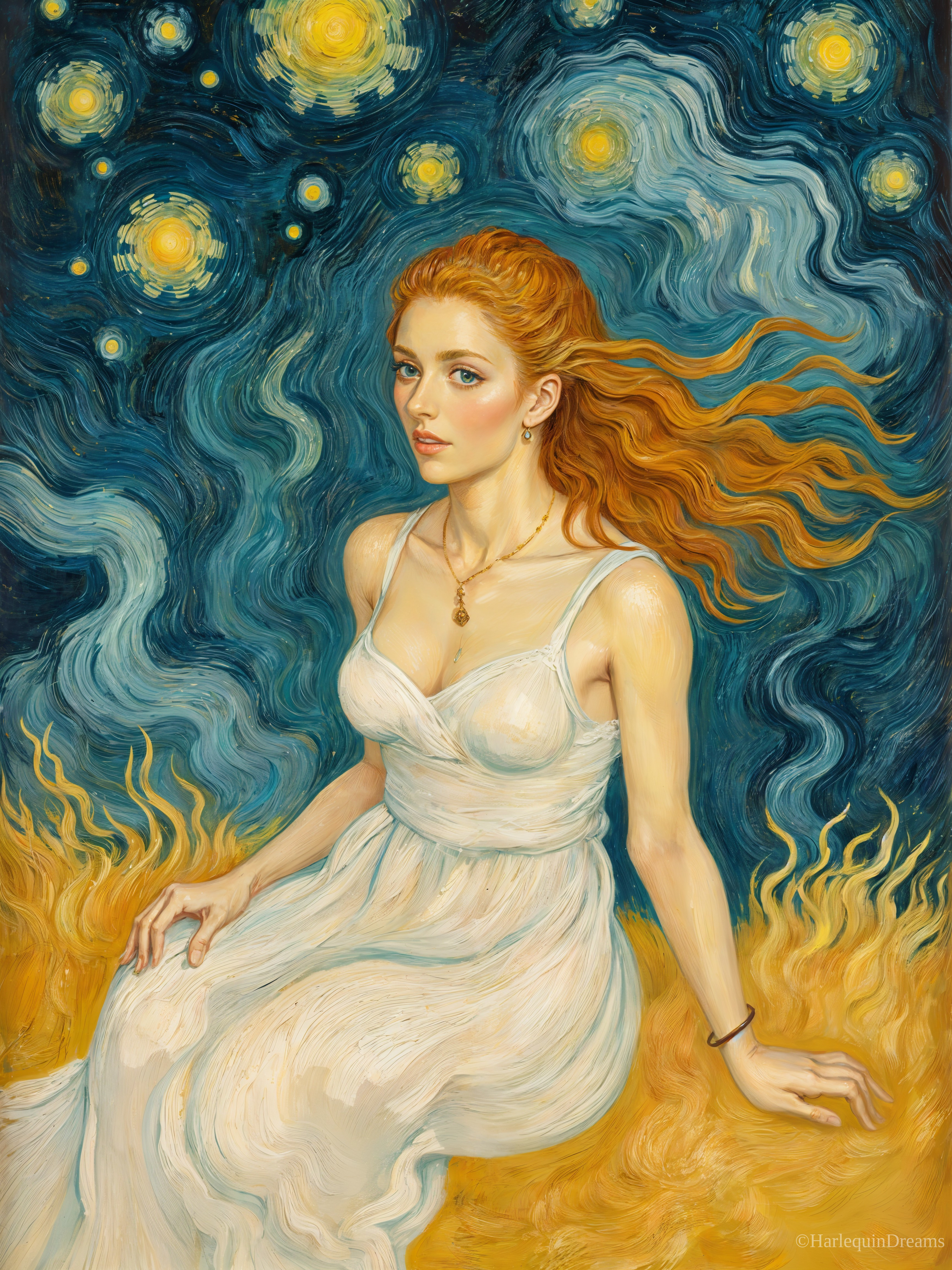Serene Woman in Flowing Dress Against Night Sky