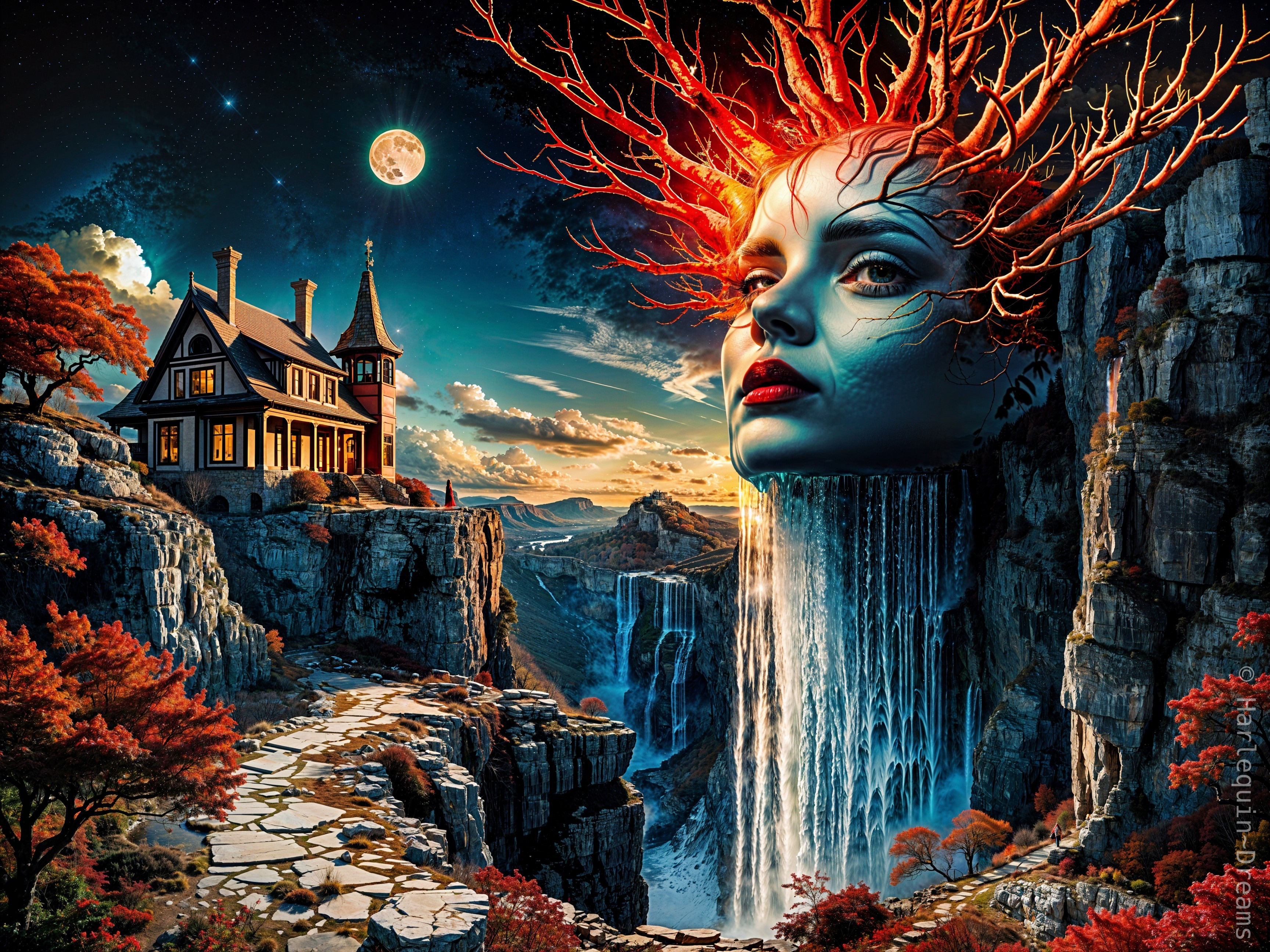 Surreal Landscape with Waterfall and Whimsical Mansion
