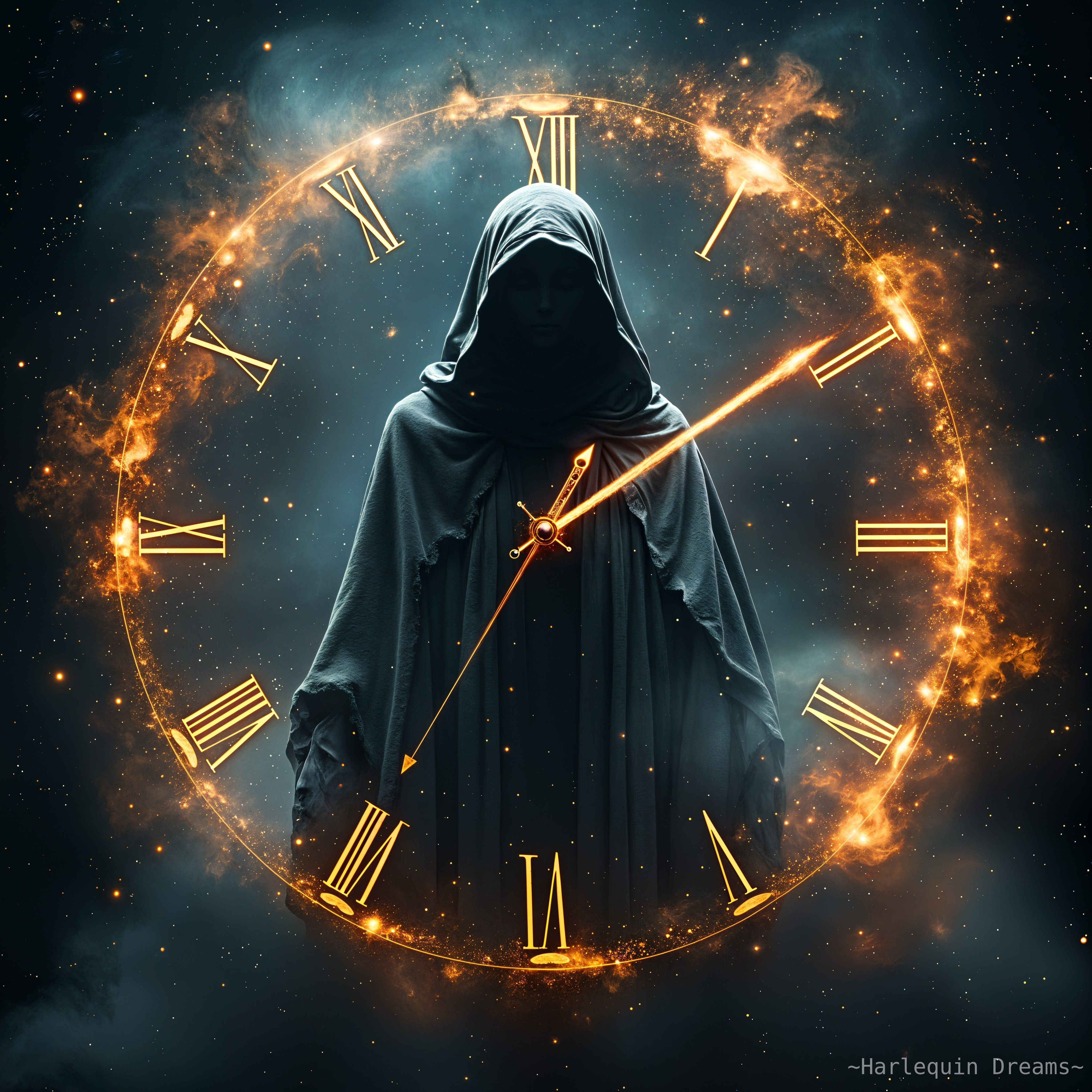 Cloaked Figure in Cosmic Clock with Galaxies and Stars