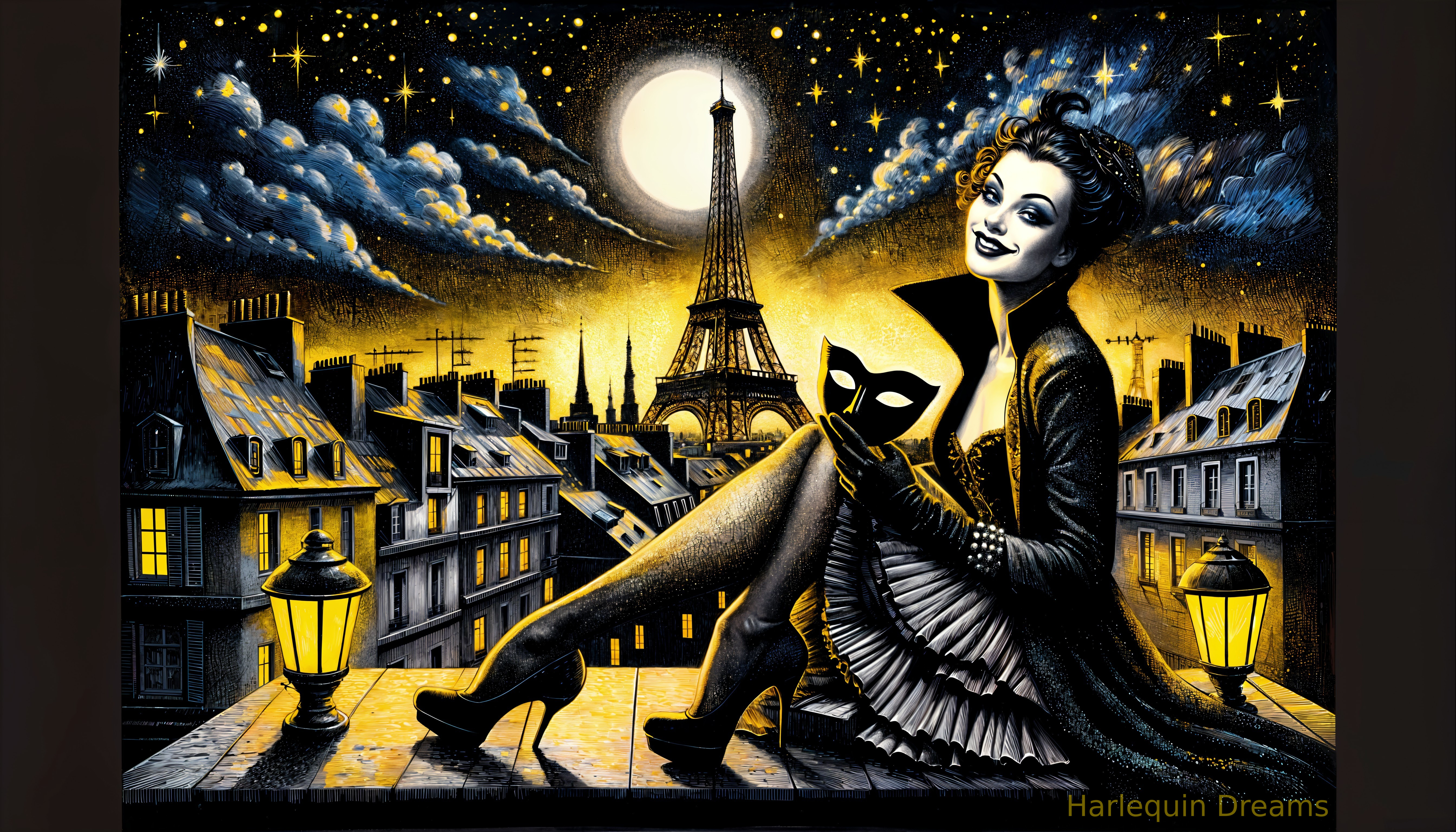 Stylish Woman on Rooftop with Cityscape and Eiffel Tower