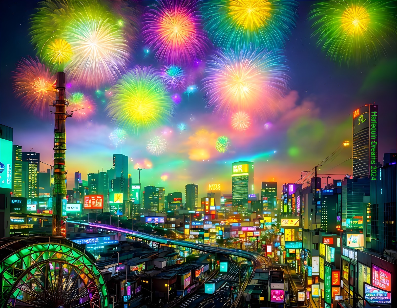 Fireworks Illuminate Neon Cityscape at Dusk