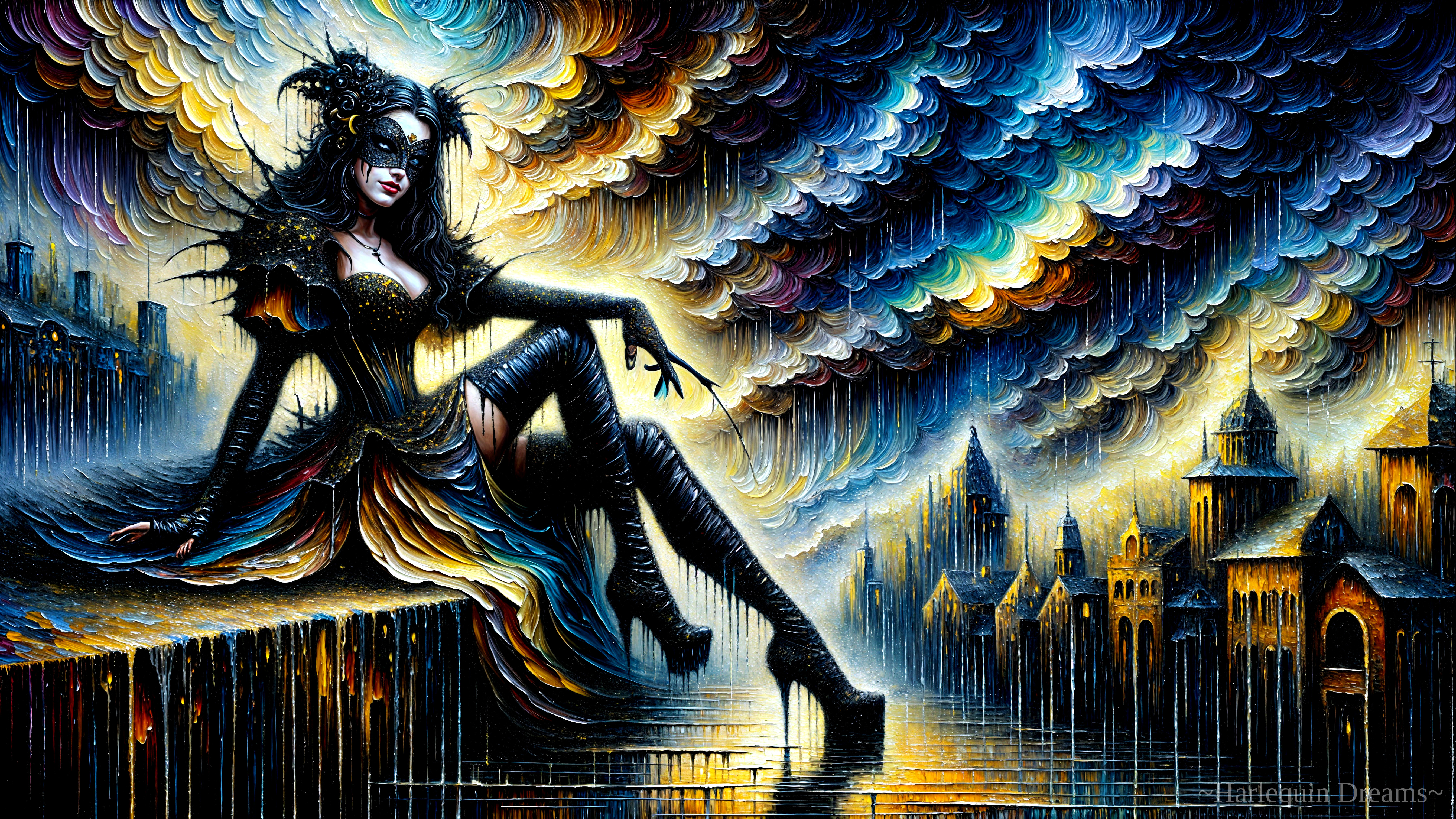 Figure in Black Attire Over Water with Gothic Cityscape