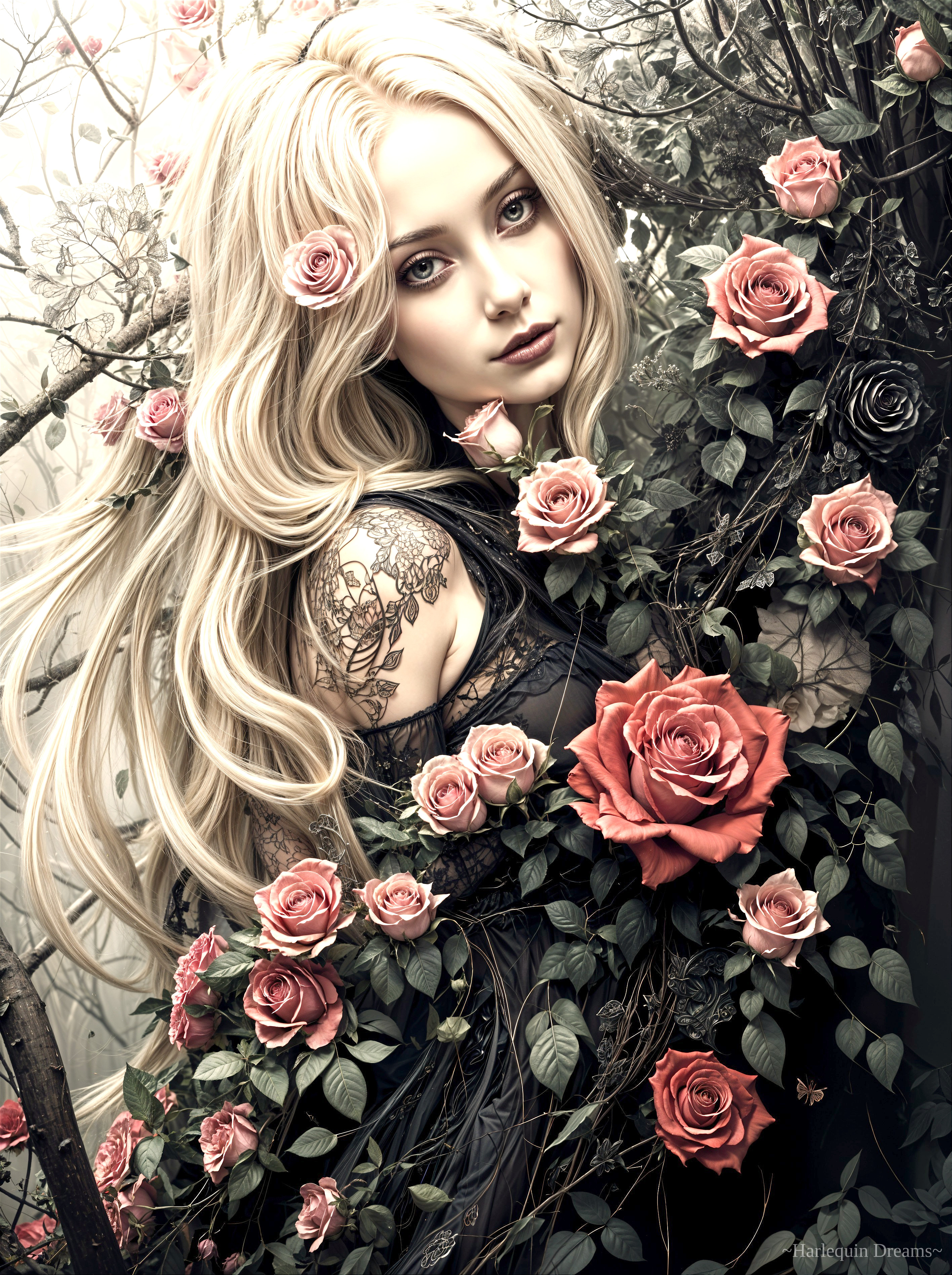 Young Woman Surrounded by Vibrant Roses in Soft Light