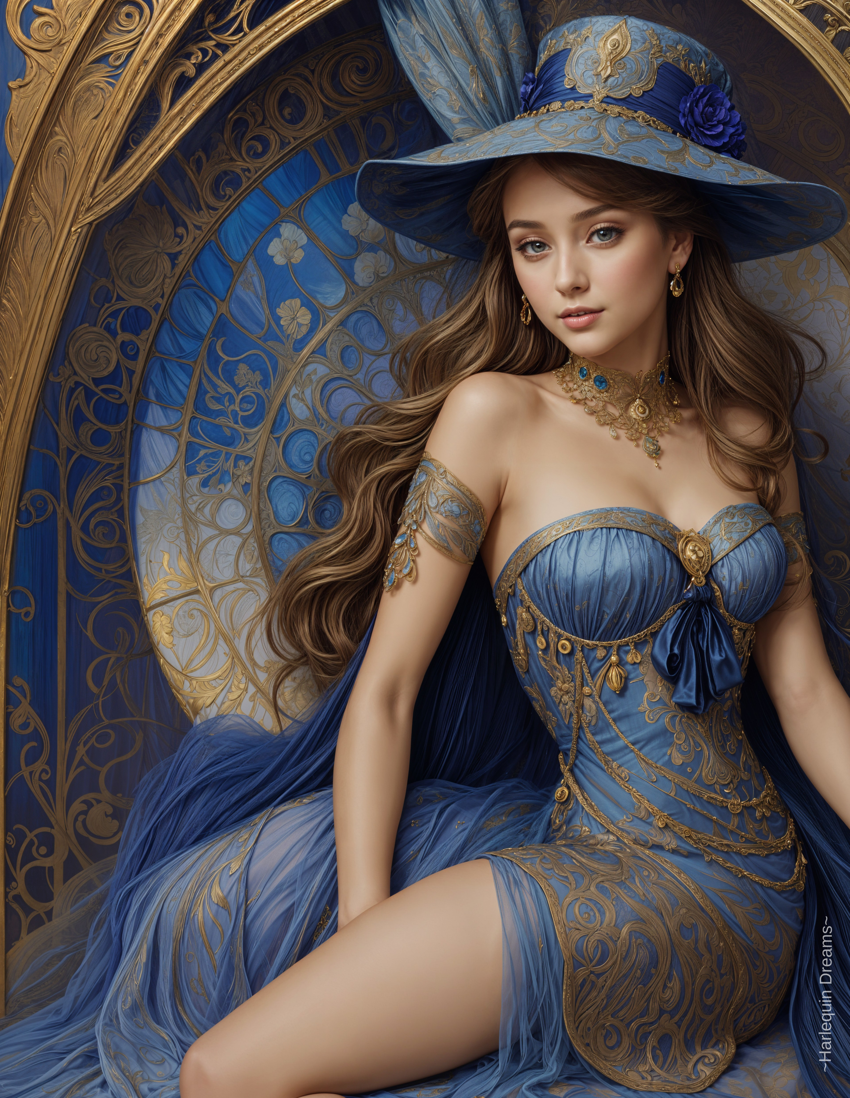 Elegant Woman in Blue Gown with Floral Backdrop