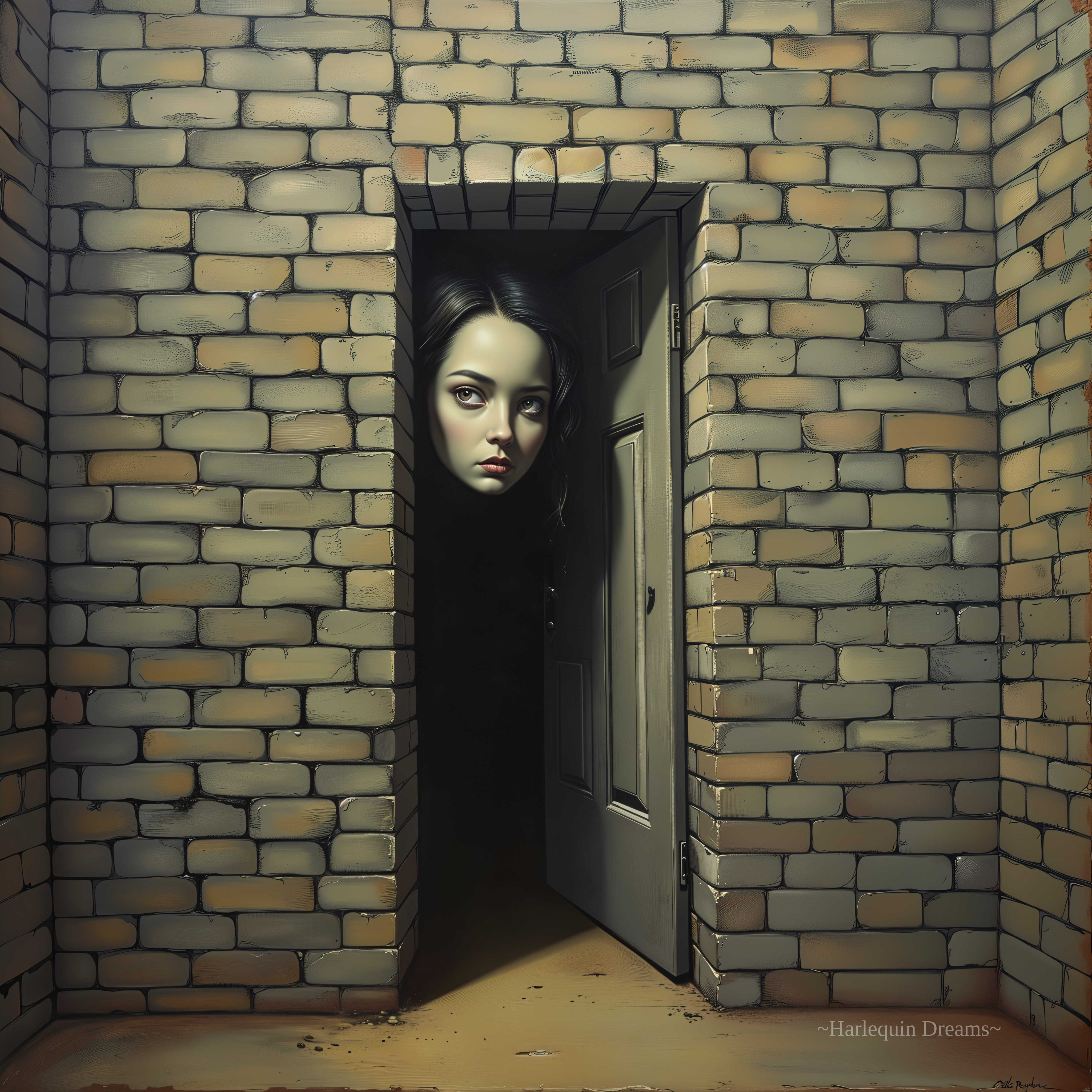 Dimly Lit Room with Brick Wall and Mysterious Face