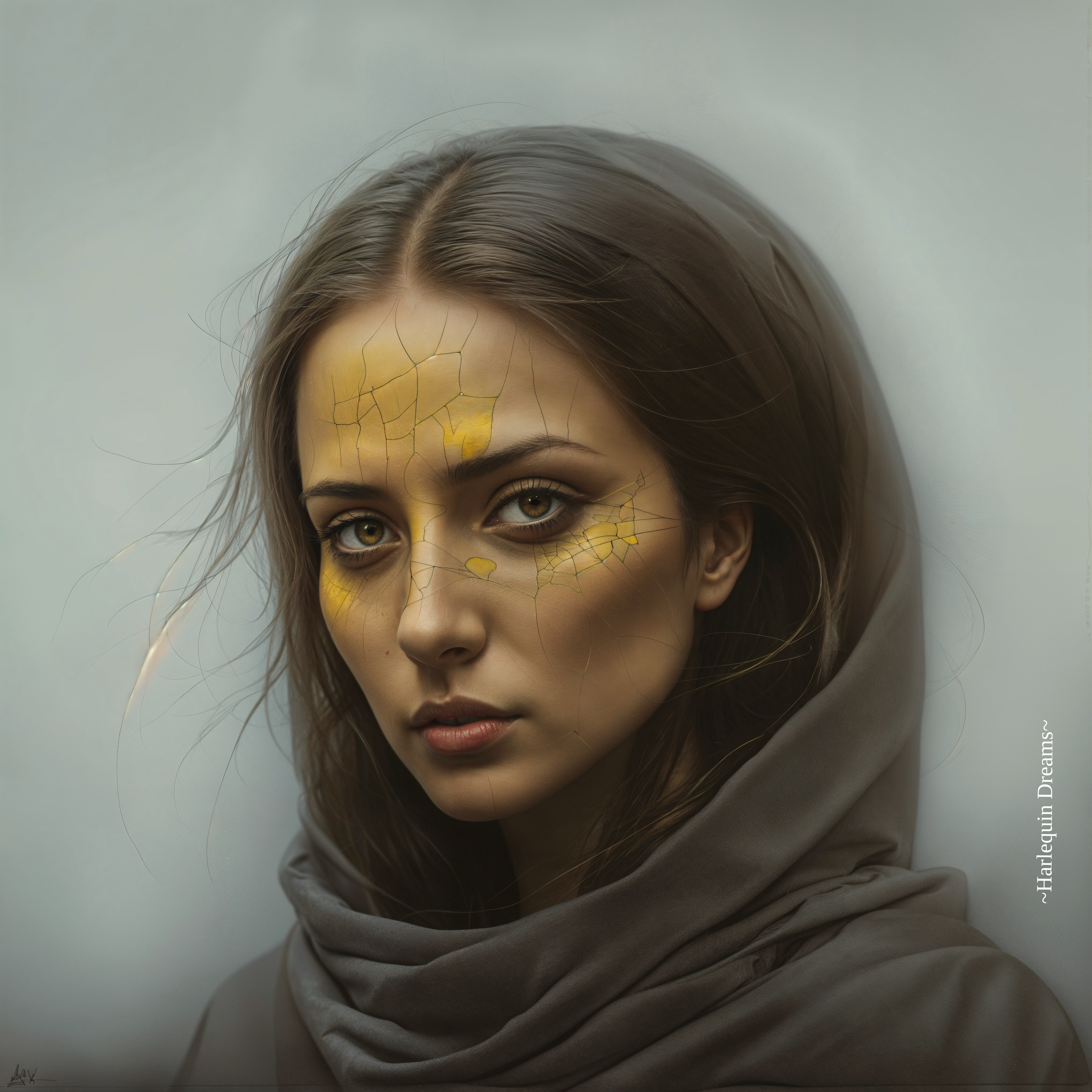Portrait of a Young Woman with Intricate Yellow Cracks