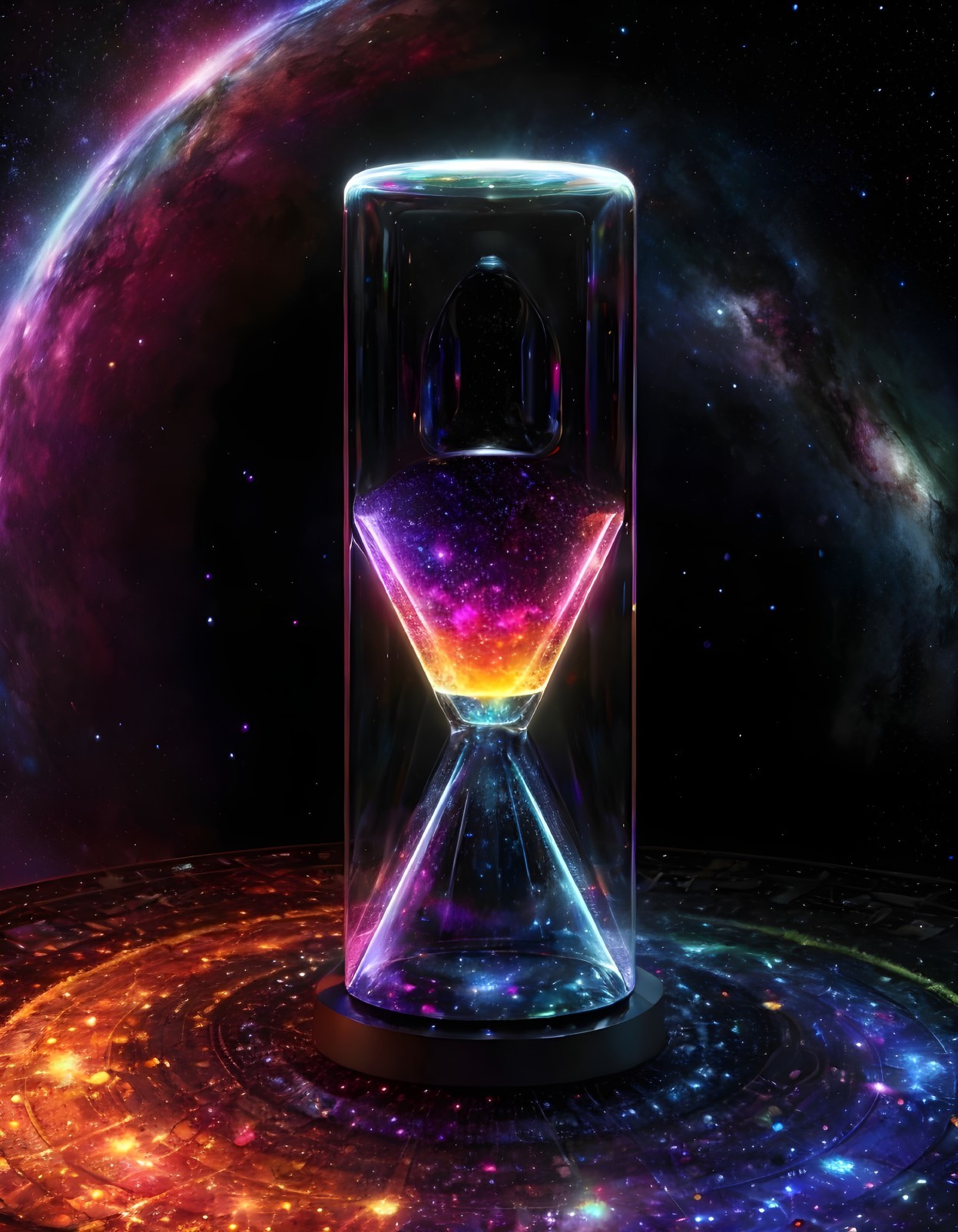 Glowing hourglass on cosmic background with nebula-like substance