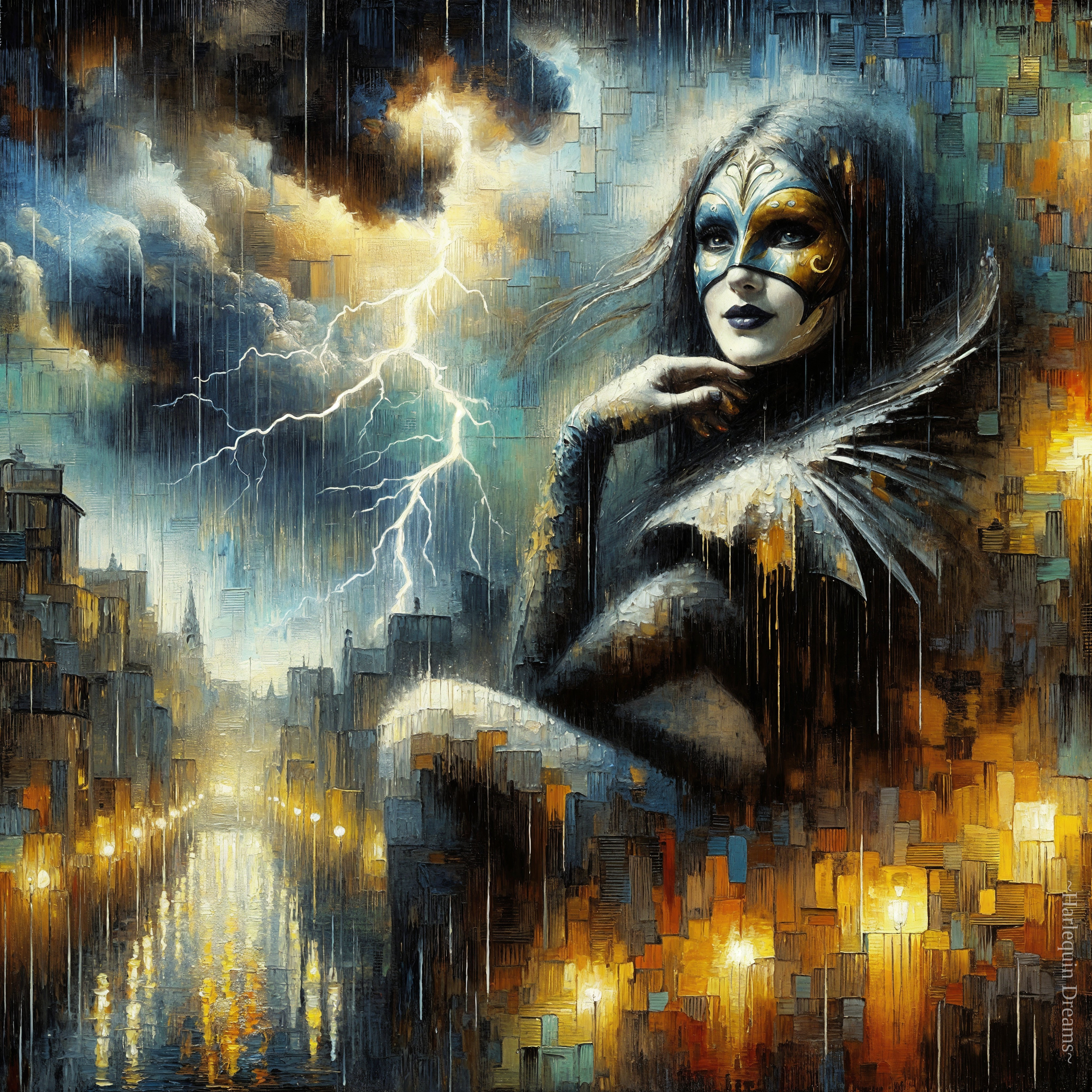 Mysterious Figure in Rainy Dreamlike Cityscape