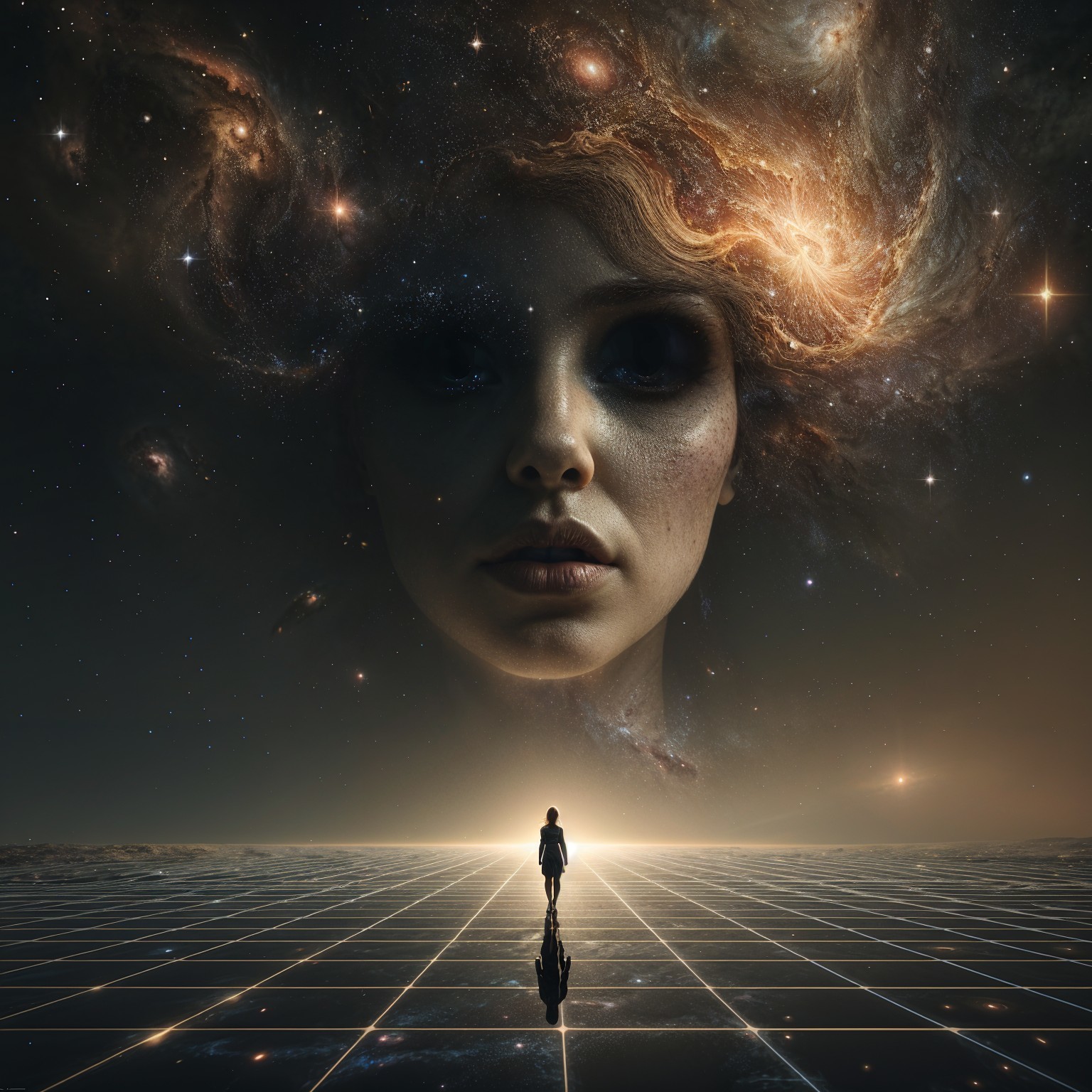 Solitary figure on glowing grid under cosmic face