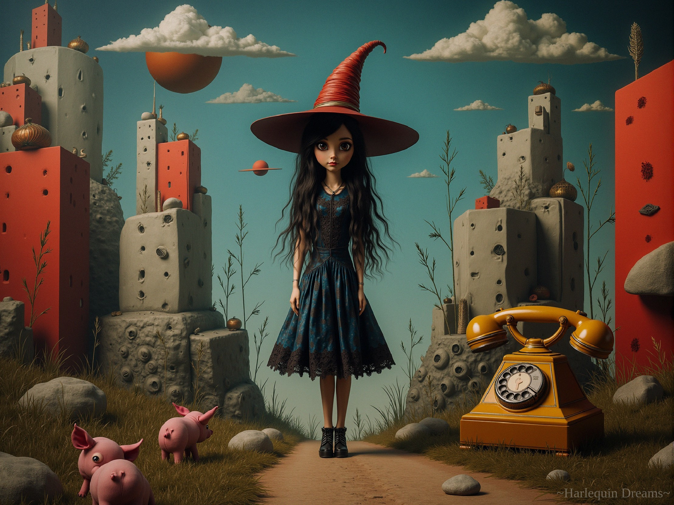 Whimsical landscape with girl in red witch's hat