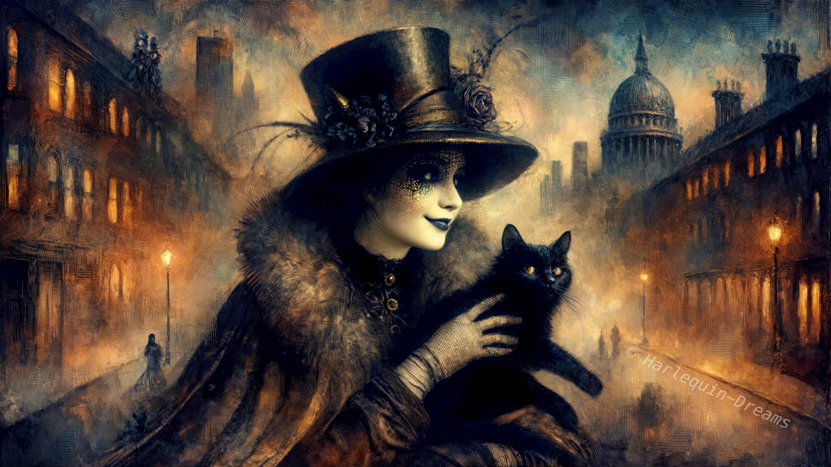Victorian Figure with Cat in Foggy Cityscape