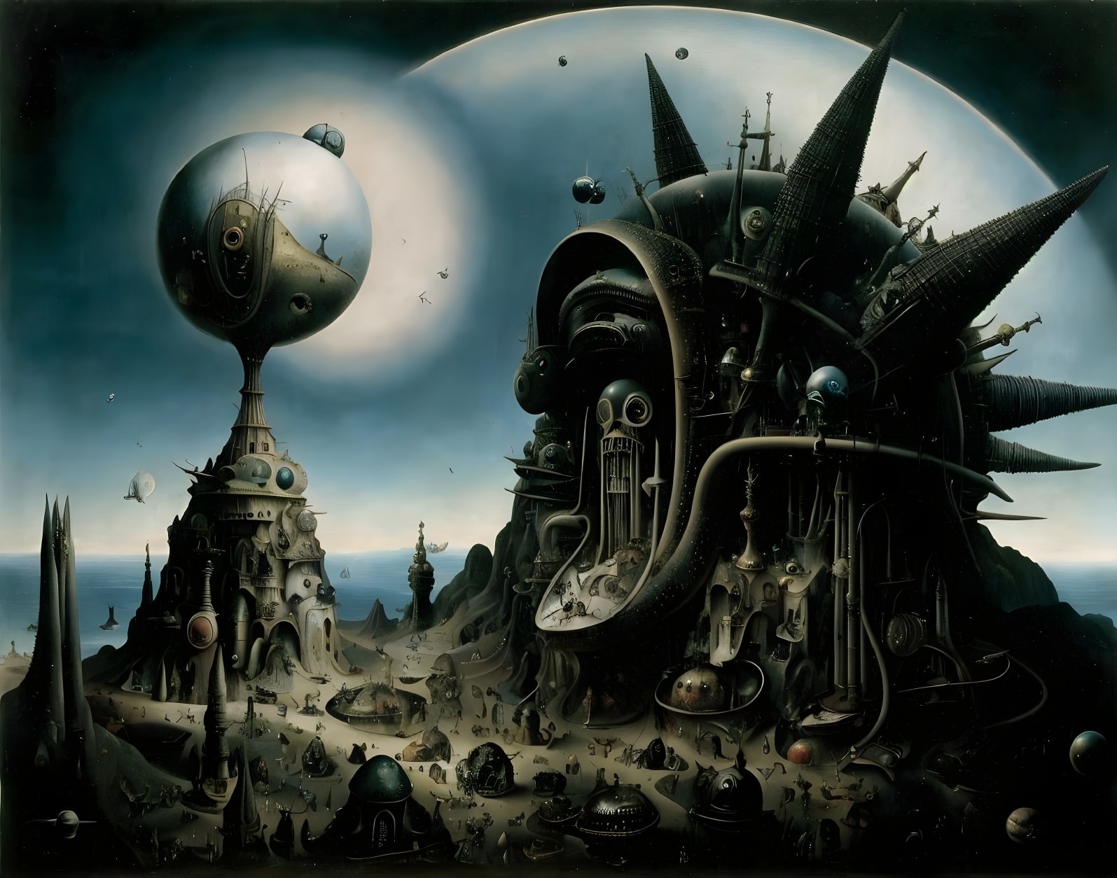 Fantastical dark landscape with spires and orbs under gloomy sky