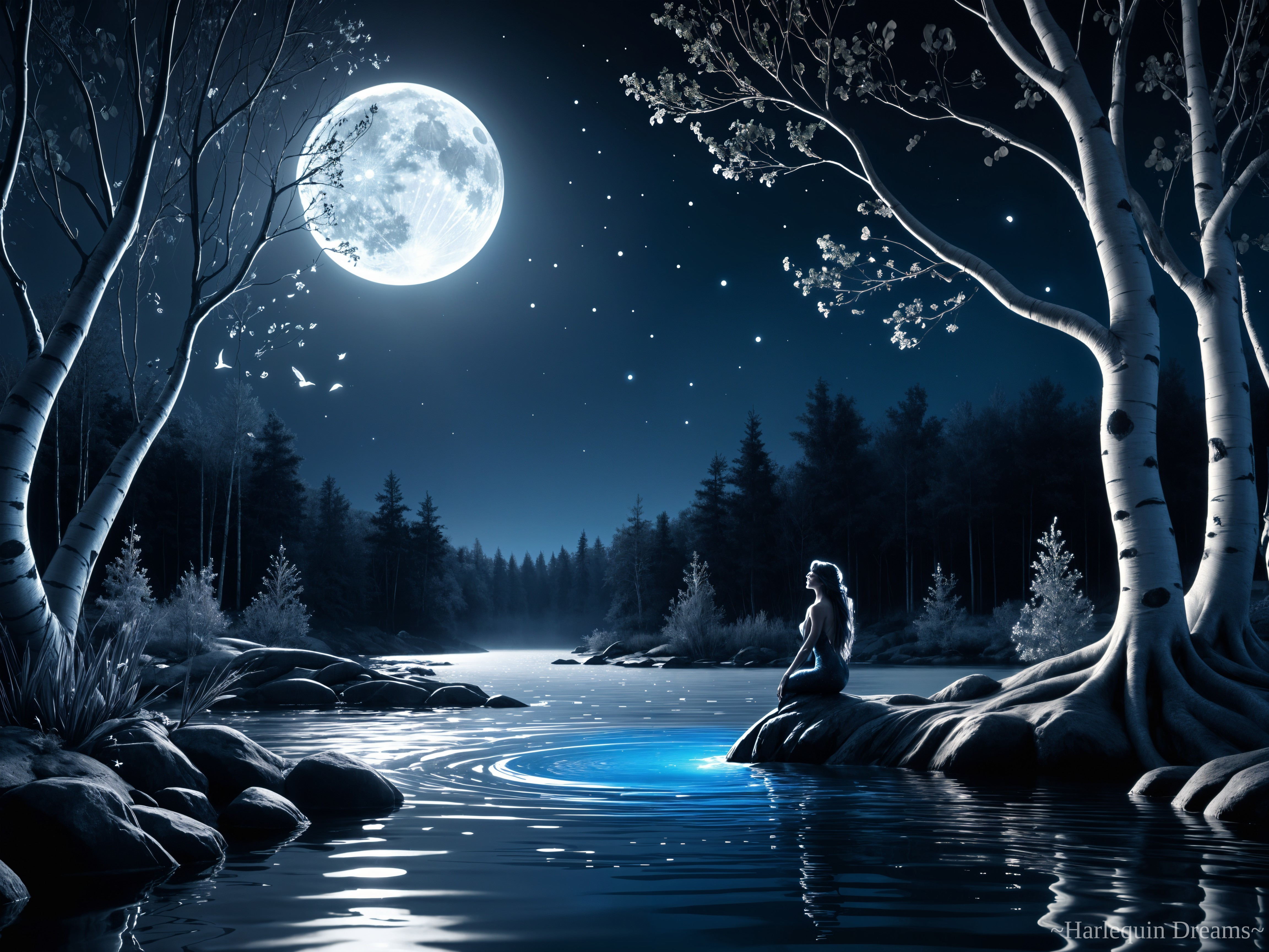 Serene Night Scene with Woman by Tranquil River