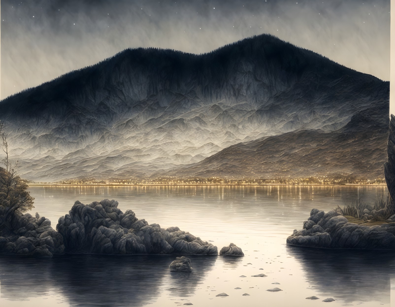 Majestic mountain reflected in serene lake at night