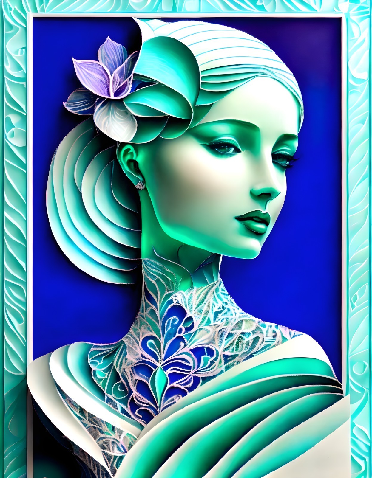 Stylized woman illustration with turquoise and blue tones and art deco floral patterns