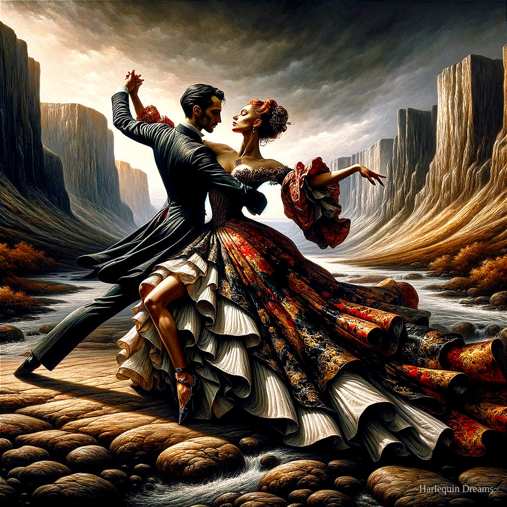 Couple Dancing in Dramatic Landscape with Elegant Attire