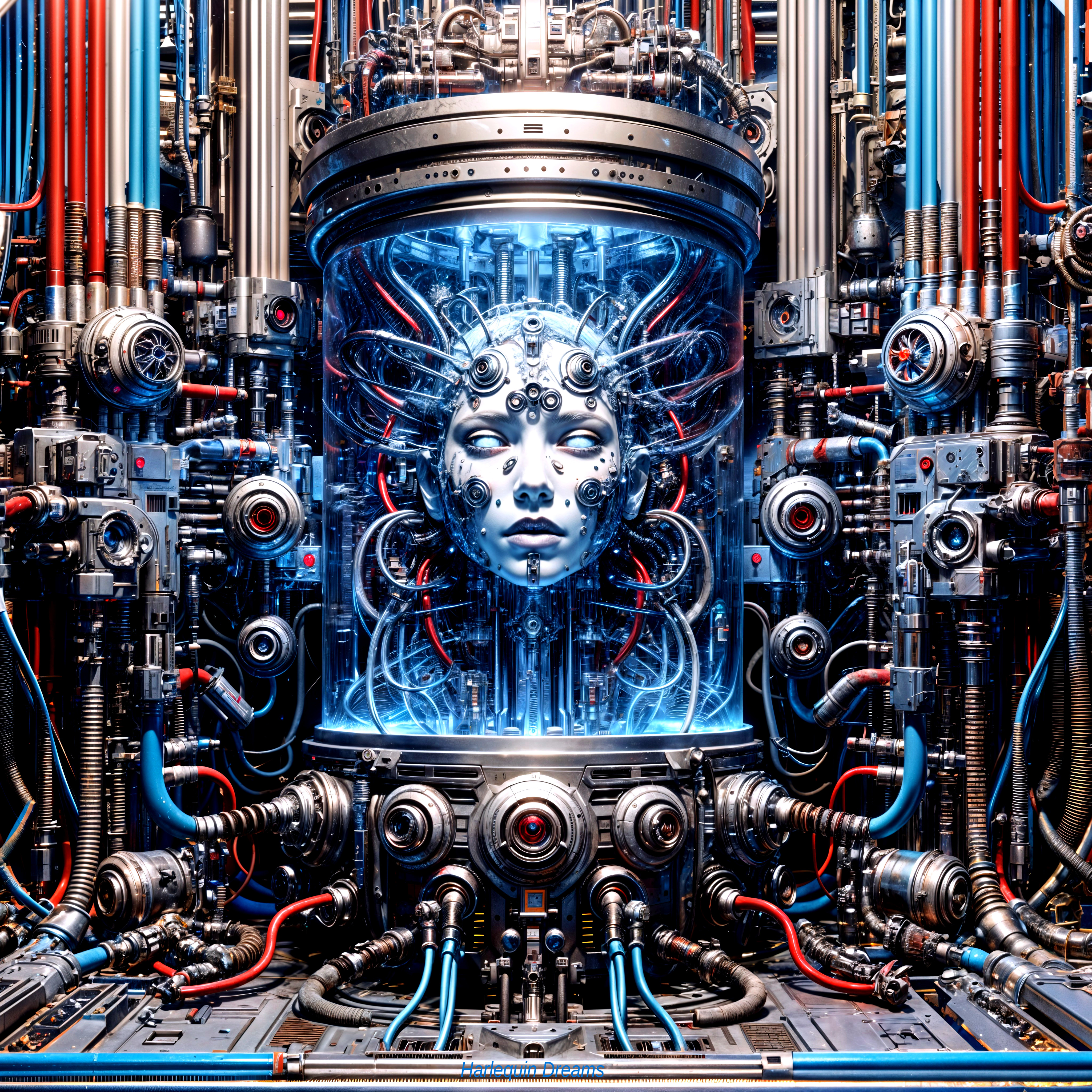 Futuristic Cybernetic Head in Transparent Chamber