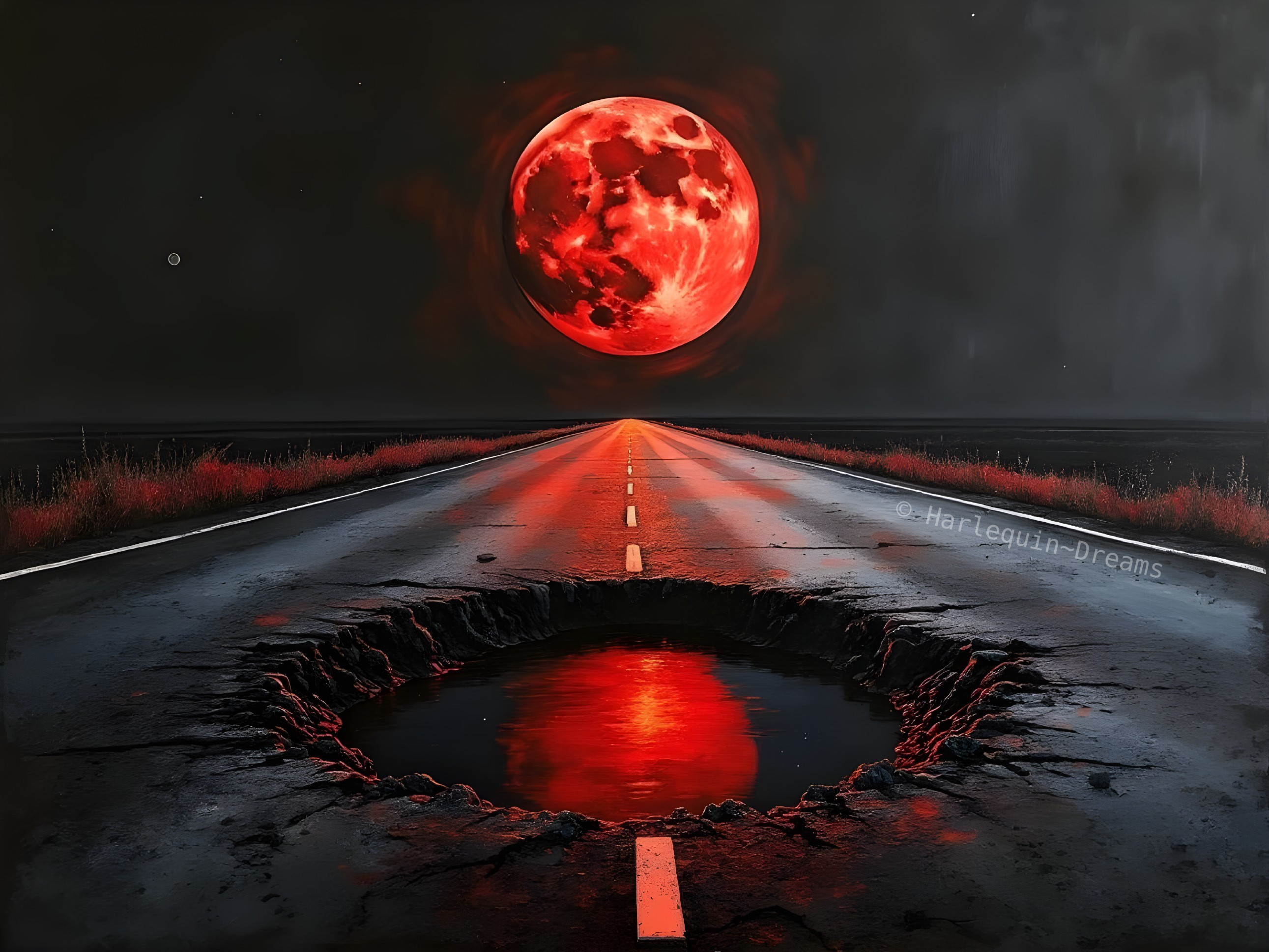 Desolate Road Under a Red Moon with Cracked Asphalt