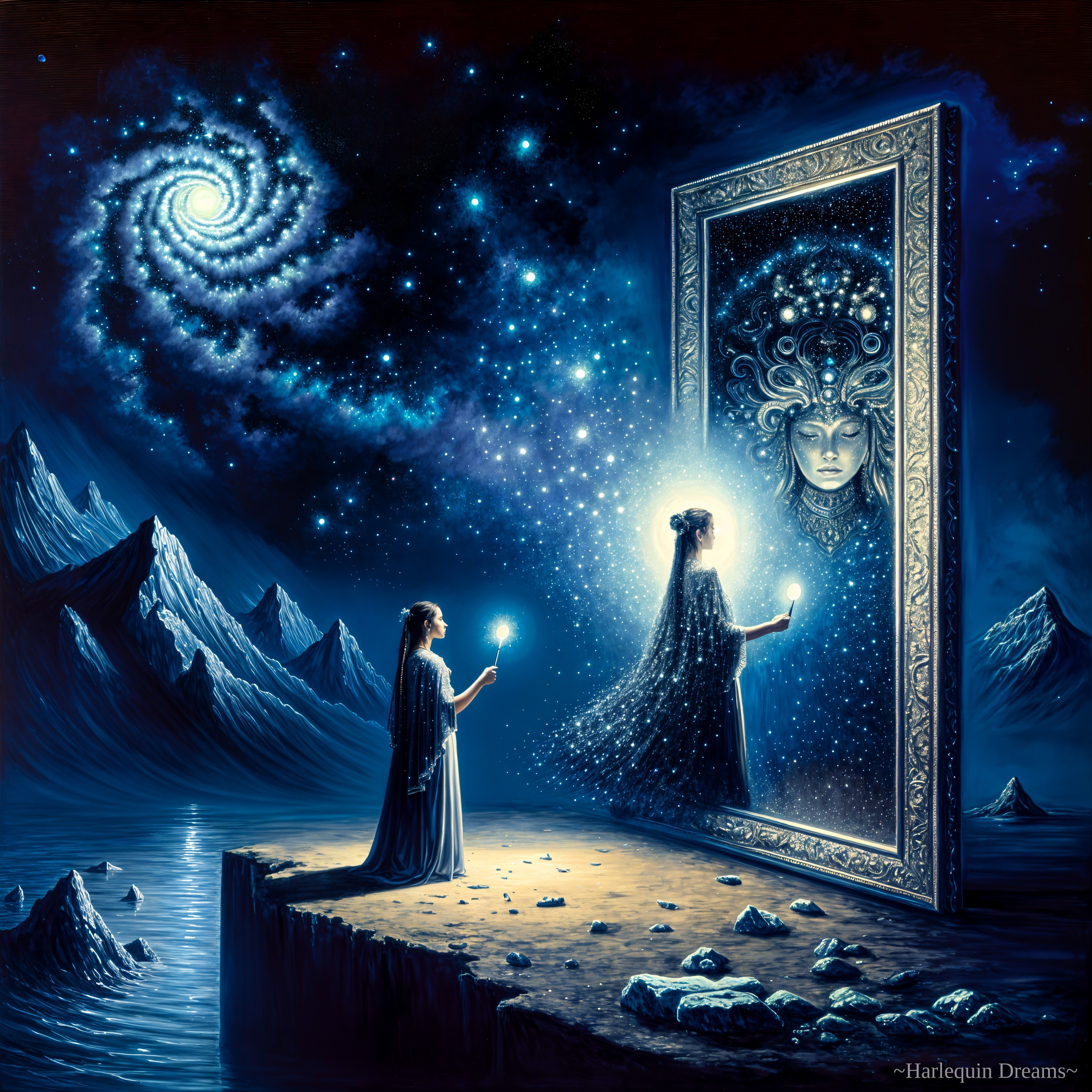 Cosmic Landscape with Woman and Celestial Reflection