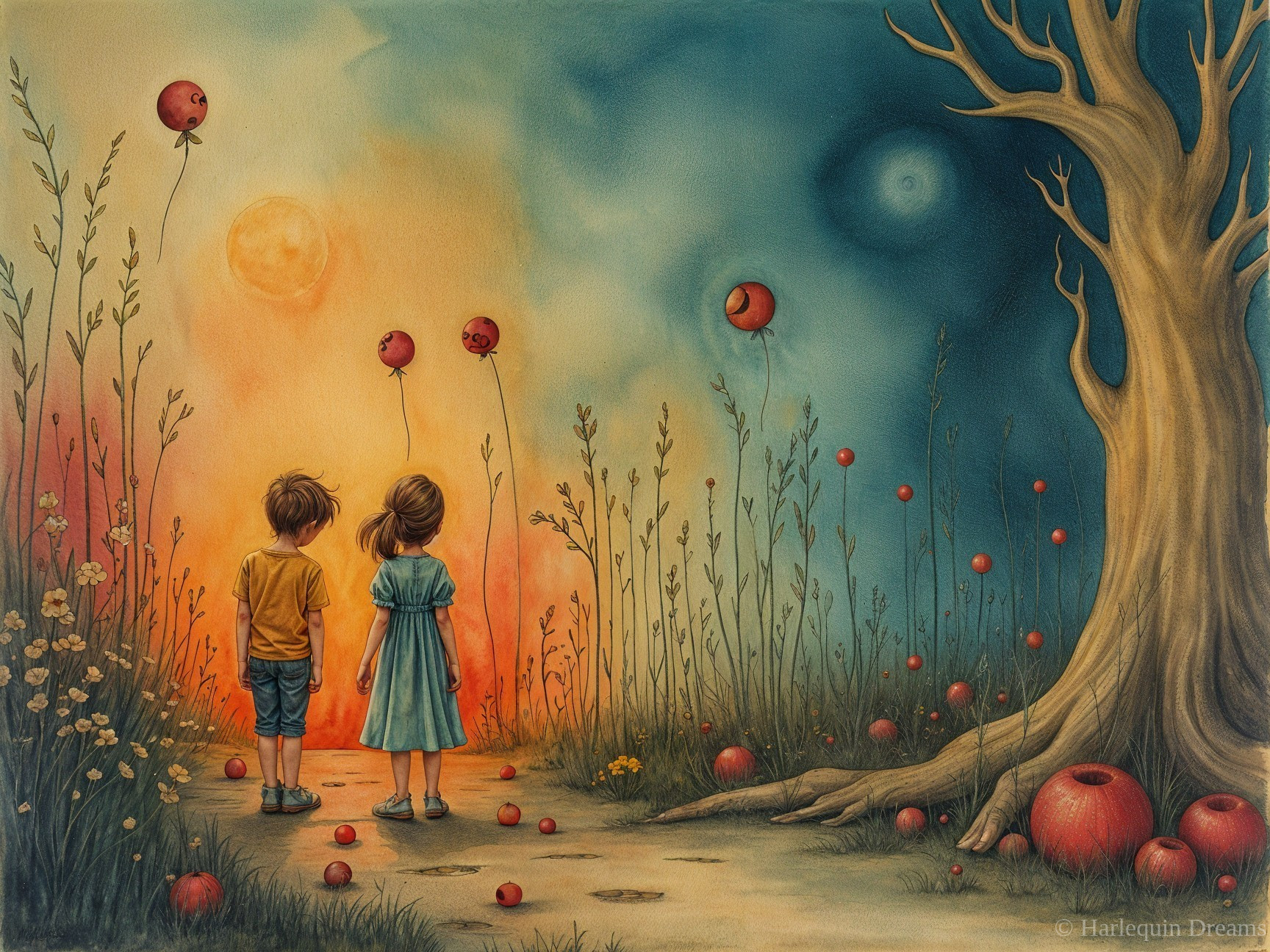 Children on a path under a surreal sunset landscape