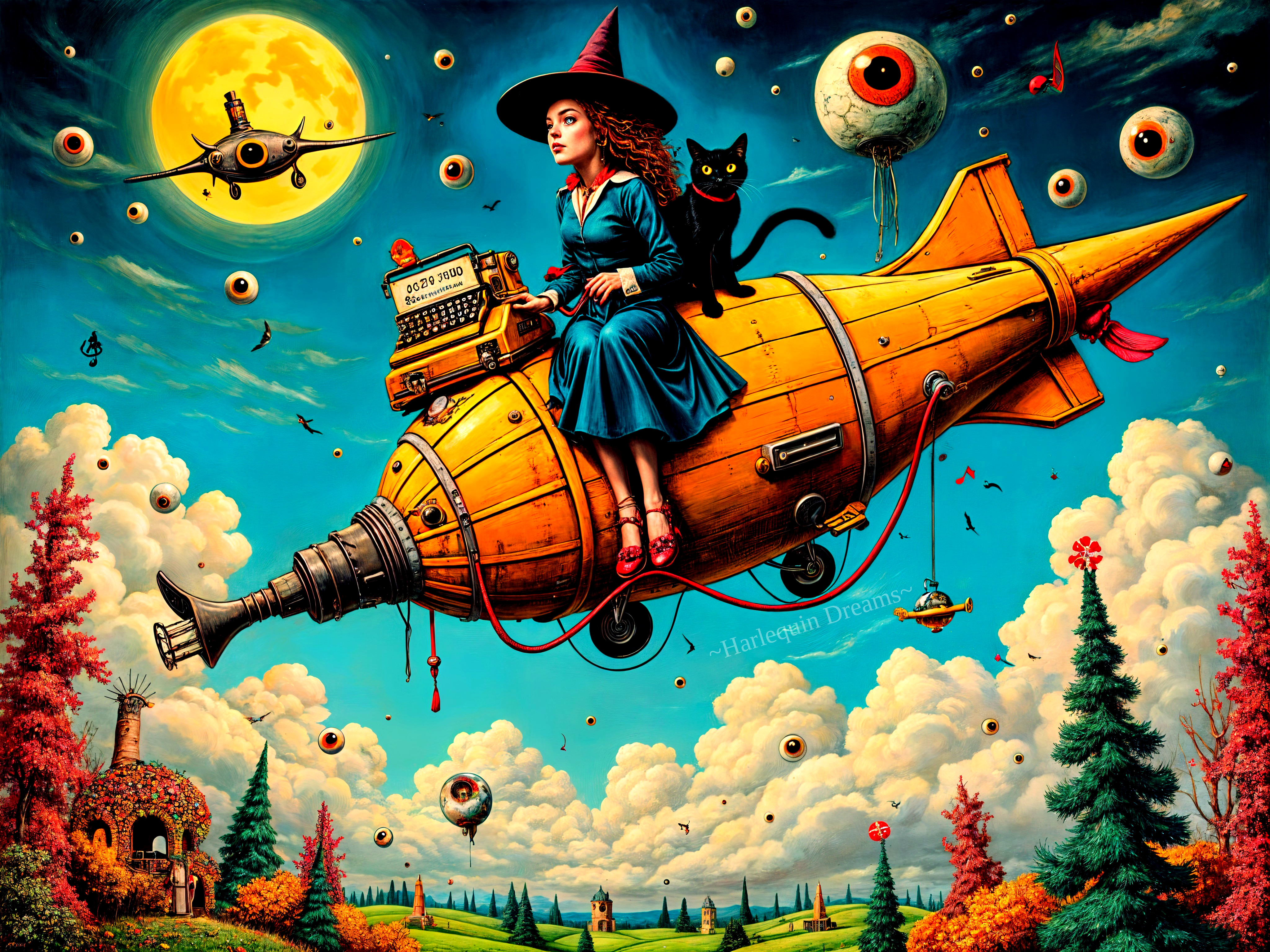 Young witch in blue dress on vintage yellow airship