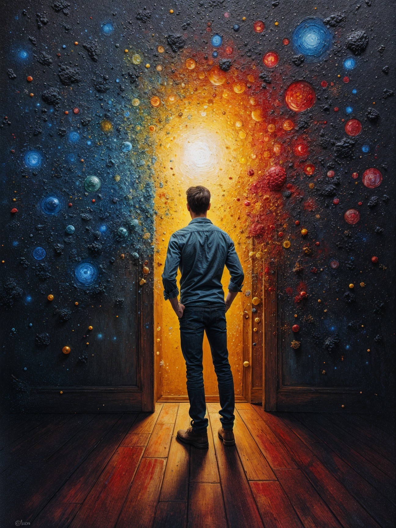 Man at Open Doorway to Cosmic Scene with Galaxies