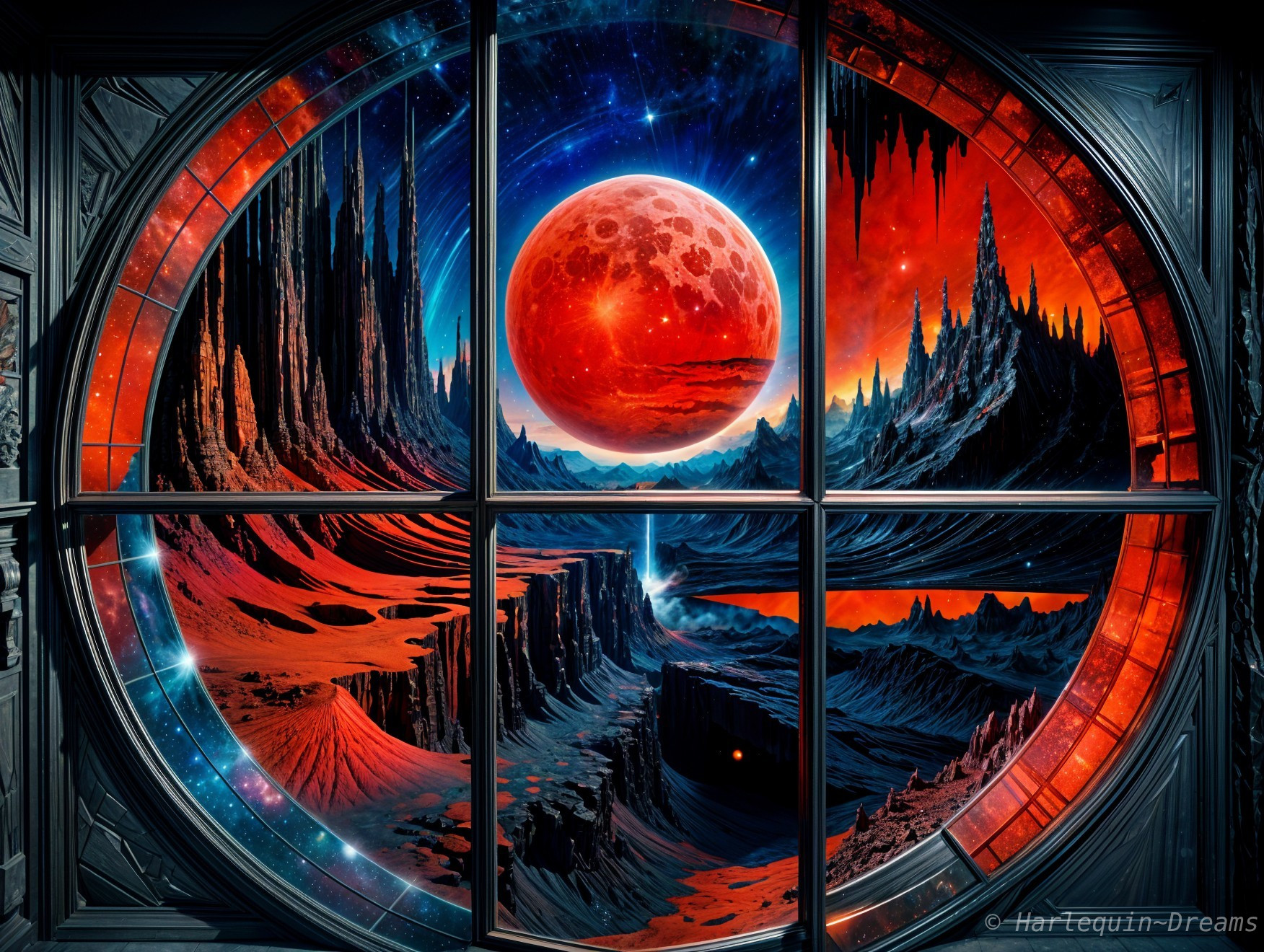 Cosmic Landscape with Circular Window and Red Planet