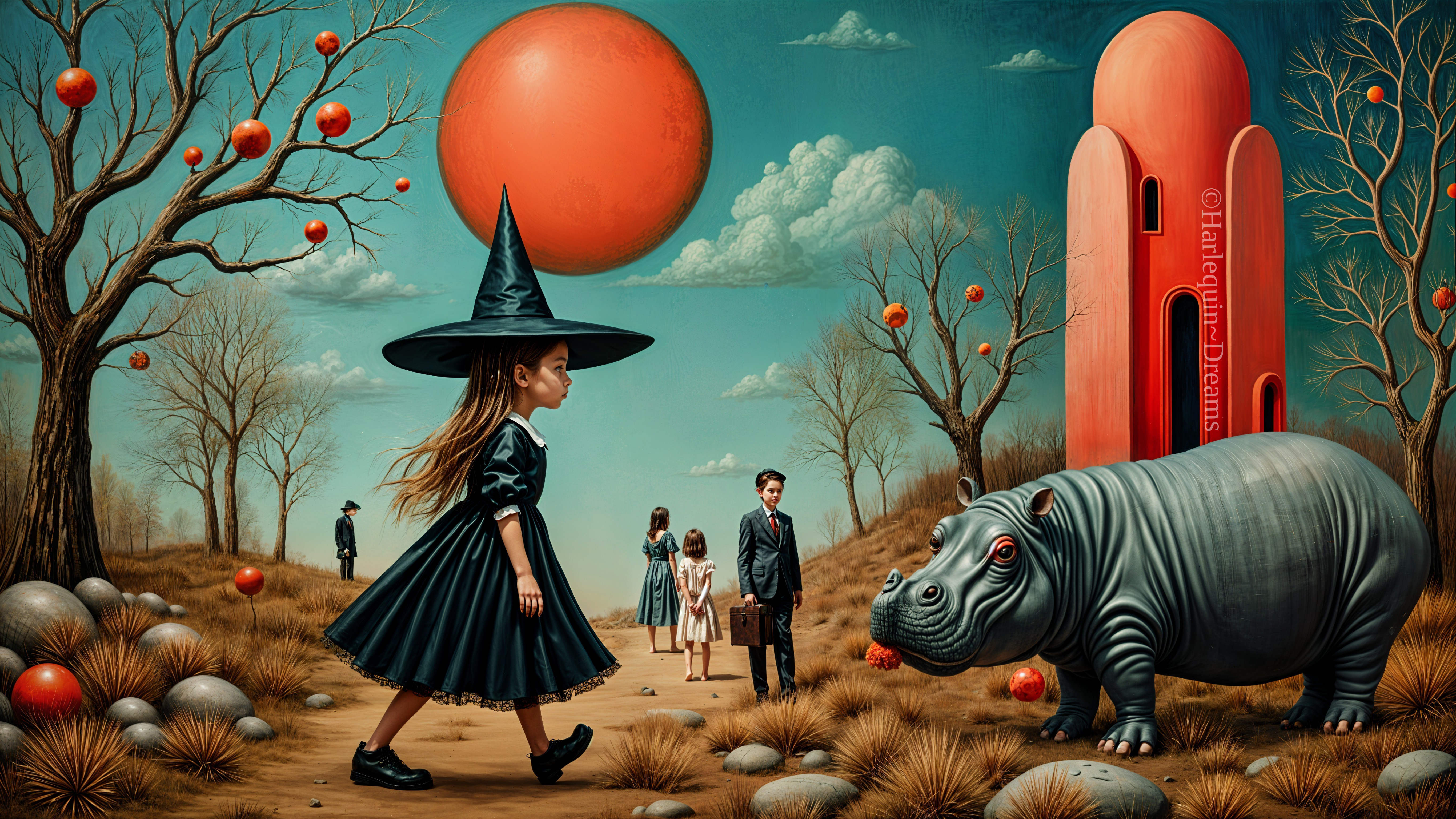 Surreal Landscape with Young Girl and Floating Spheres