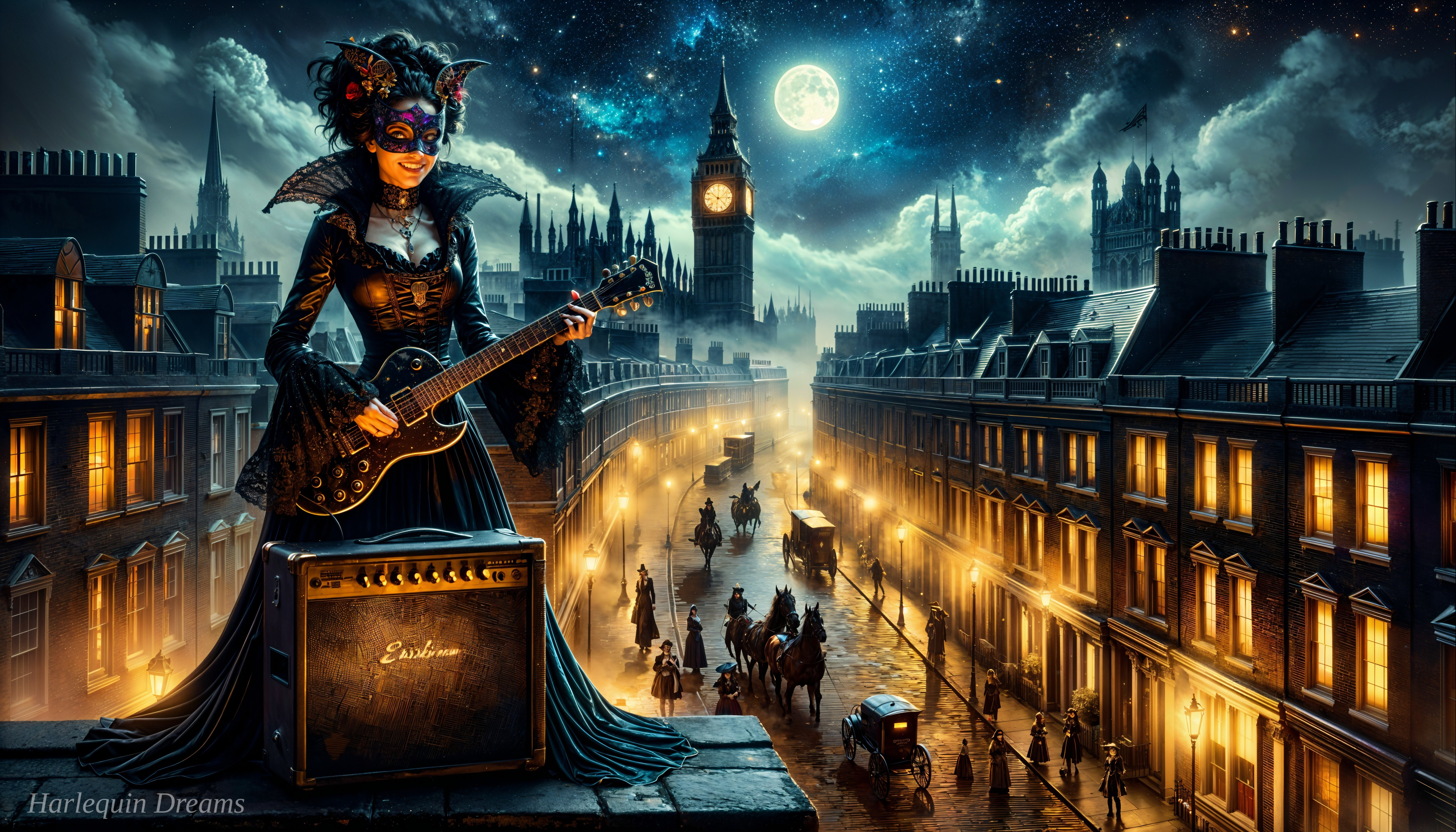 Masked Woman in Gown Playing Guitar in London Night